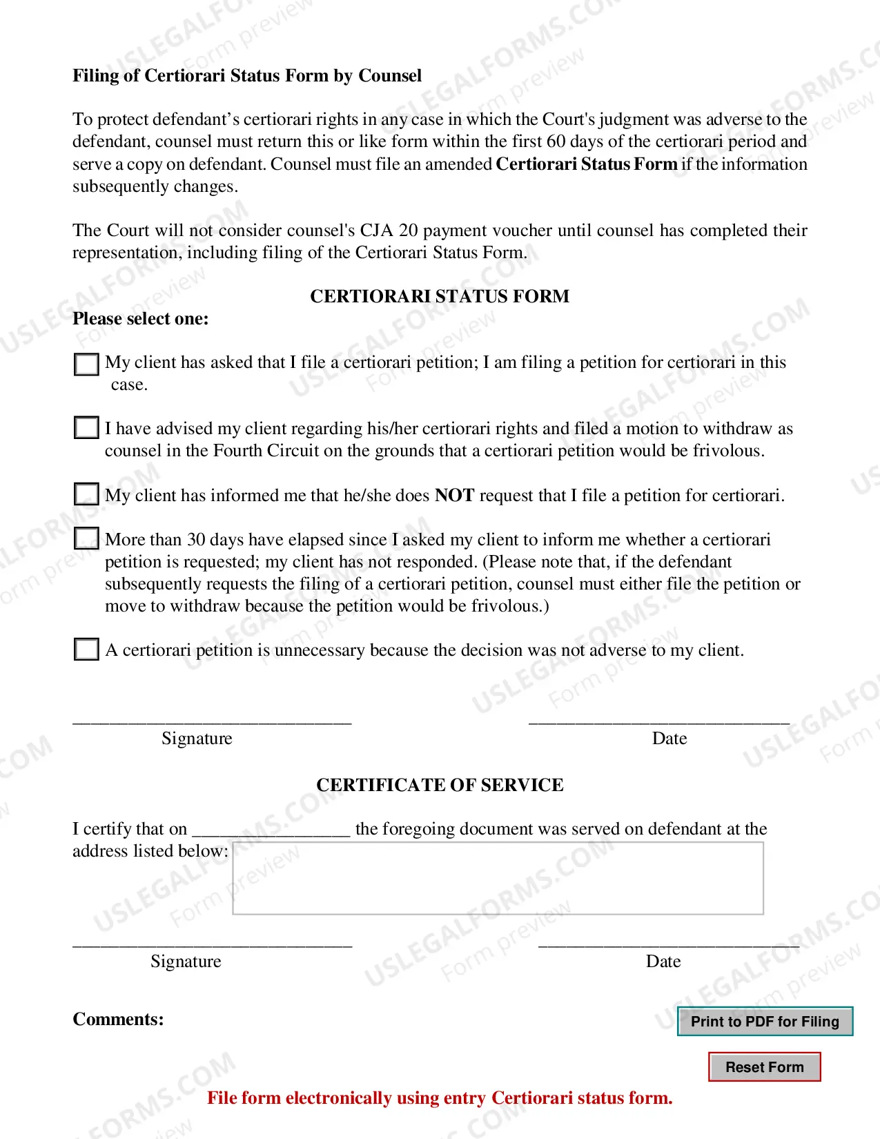 Preview Certiorari Status Form