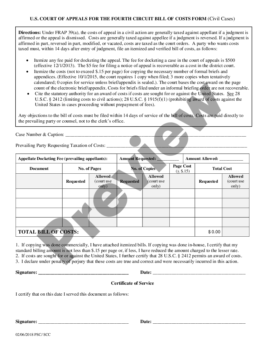 Bill Of Costs Us Legal Forms 8490