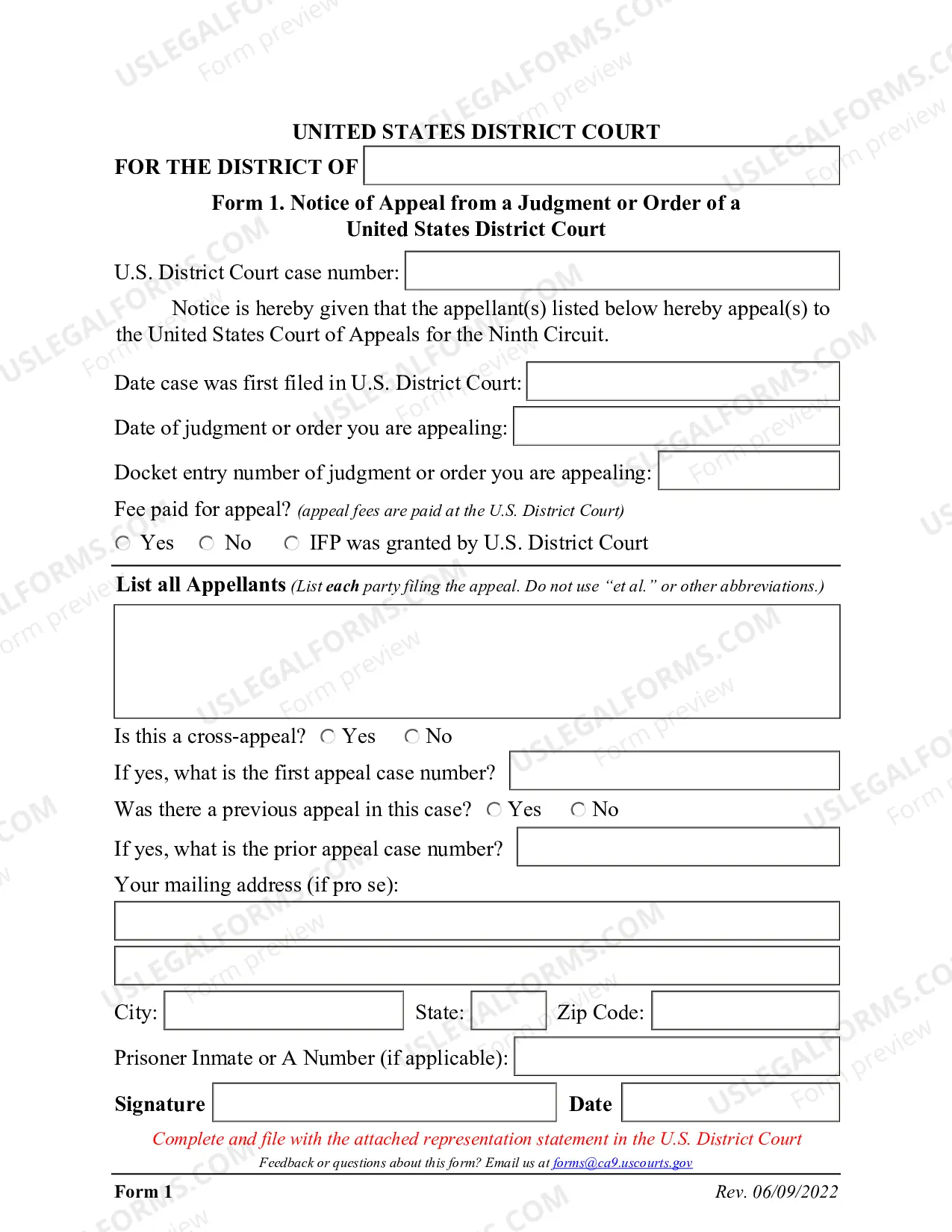 Preview Form 01 - Notice of Appeal to a Court of Appeals From a Judgment or Order of a District Court