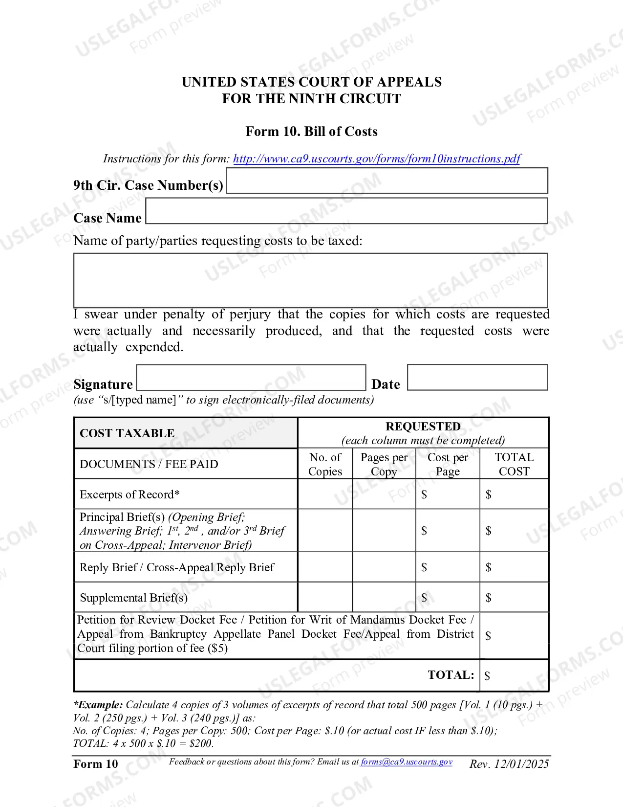 Preview Form 10 - Bill of Costs