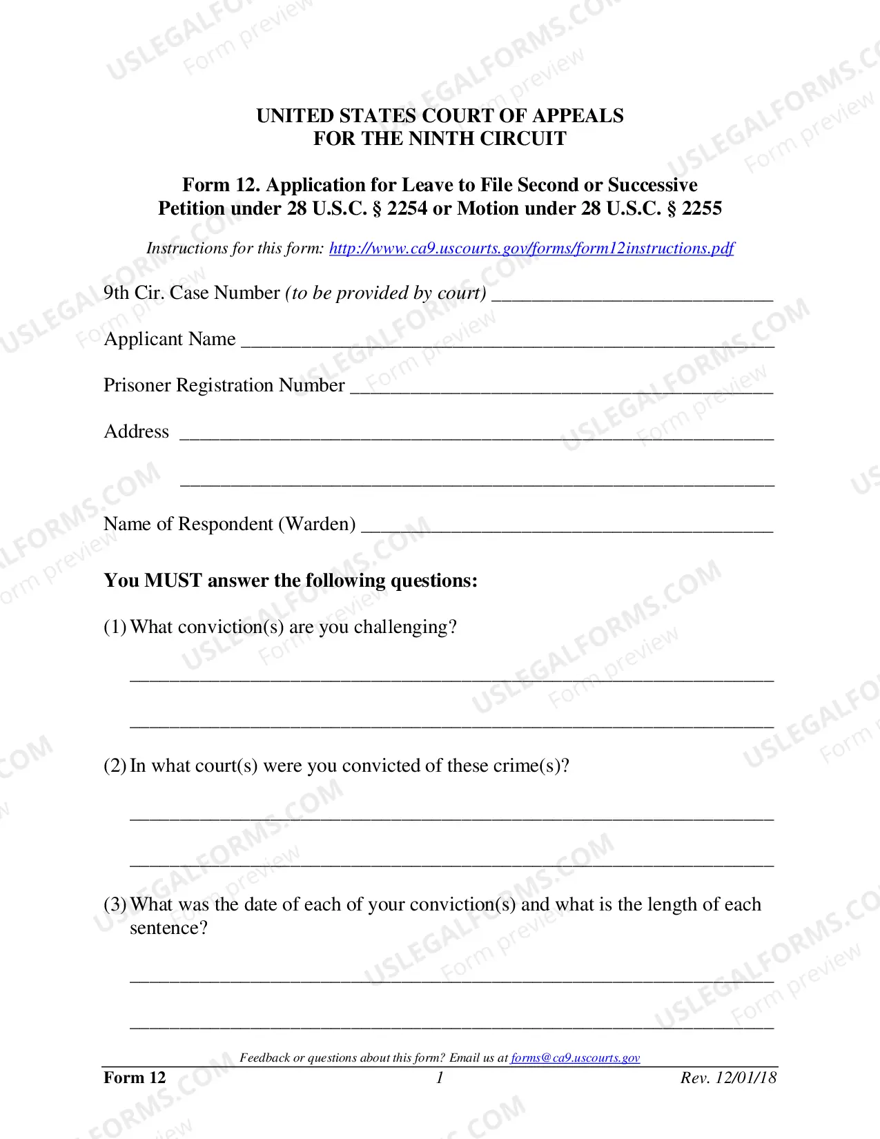 Preview Form 12 - Application for Leave to File Second or Successive Petition Under 28 U.S.C. Sec. 2254 or Motion Under 28 U.S.C. 2255