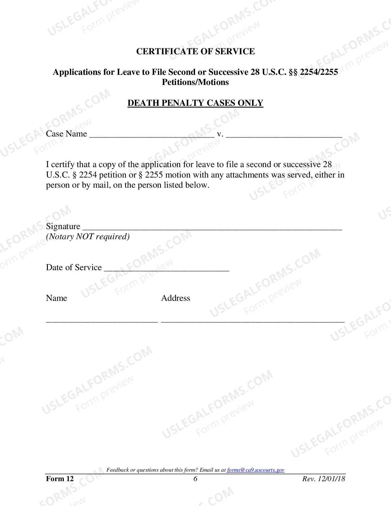 Preview Form 12 - Application for Leave to File Second or Successive Petition Under 28 U.S.C. Sec. 2254 or Motion Under 28 U.S.C. 2255