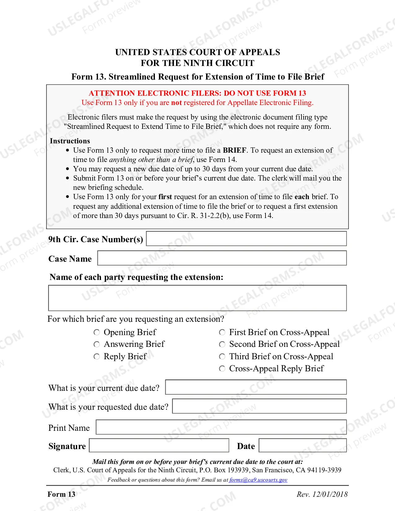 Preview Form 13 - Initial Streamlined Request for Extension of Time to File Brief