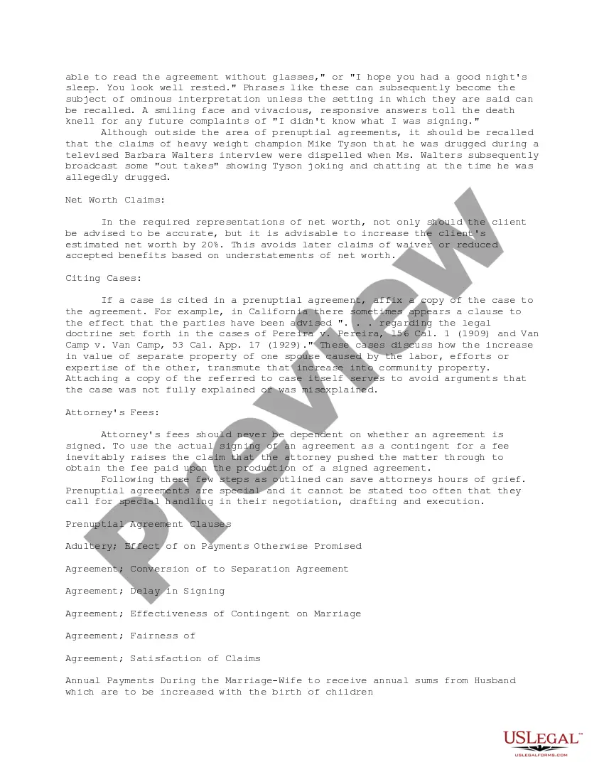 Get Prenuptial Agreements - General Comments on the Negotiating, Drafting and Execution of Prenuptial Agreements Preview Prenuptial Agreements - General Comments on the Negotiating, Drafting and Execution of Prenuptial Agreements