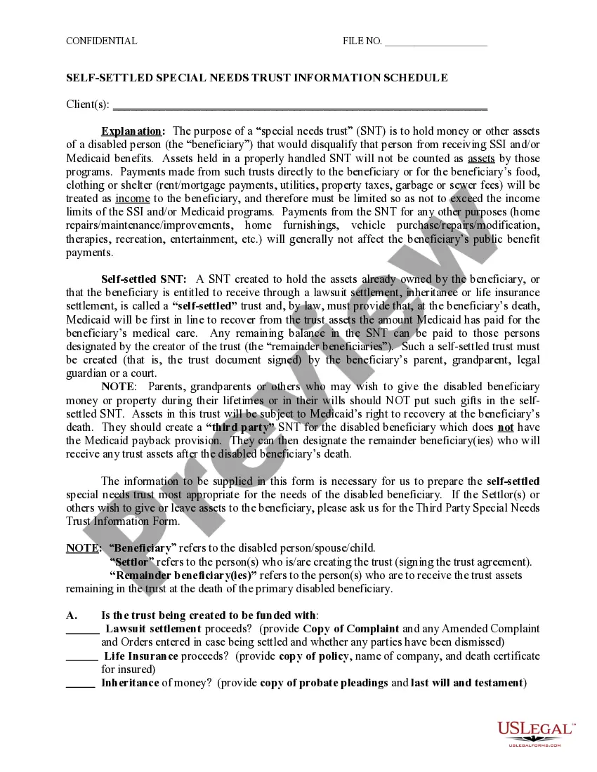 Preview Self-Settled Special Needs Trust Information Schedule