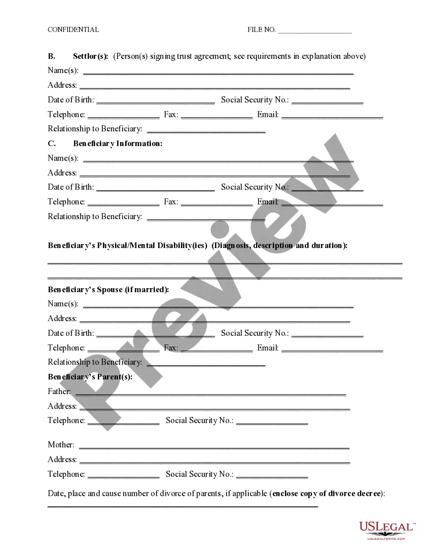 Preview Self-Settled Special Needs Trust Information Schedule