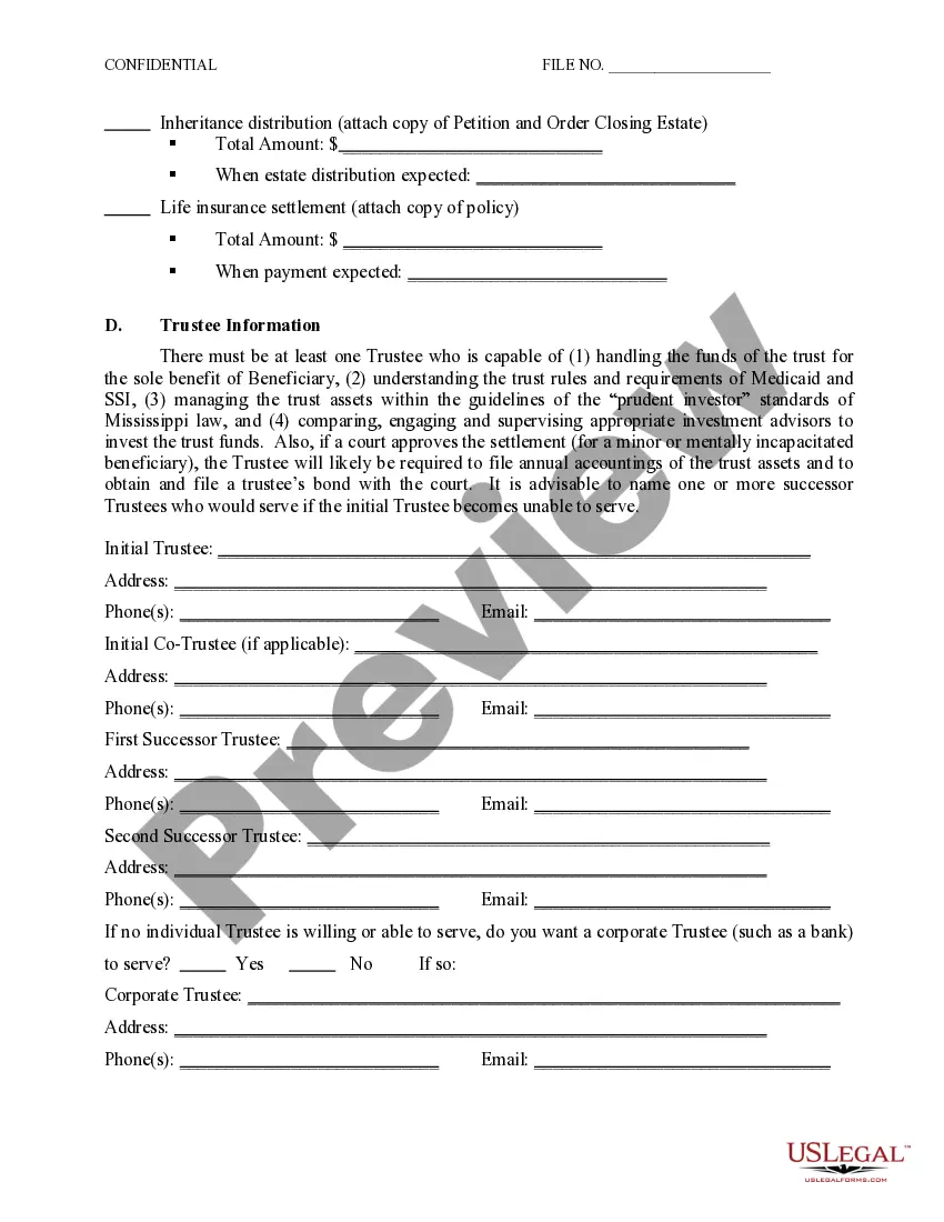 Preview Self-Settled Special Needs Trust Information Schedule