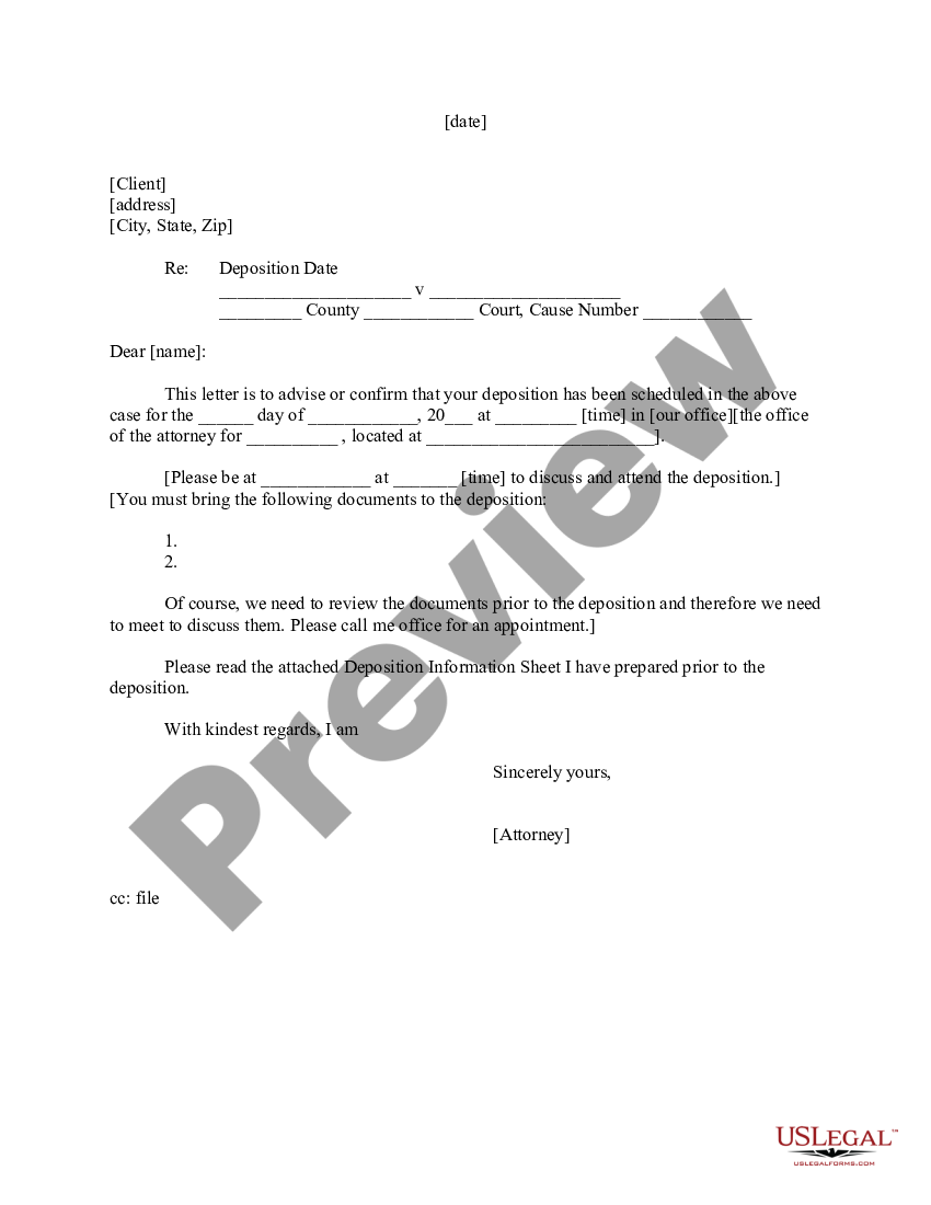 Letter to Client - Deposition of Client Scheduled - Client Deposition ...