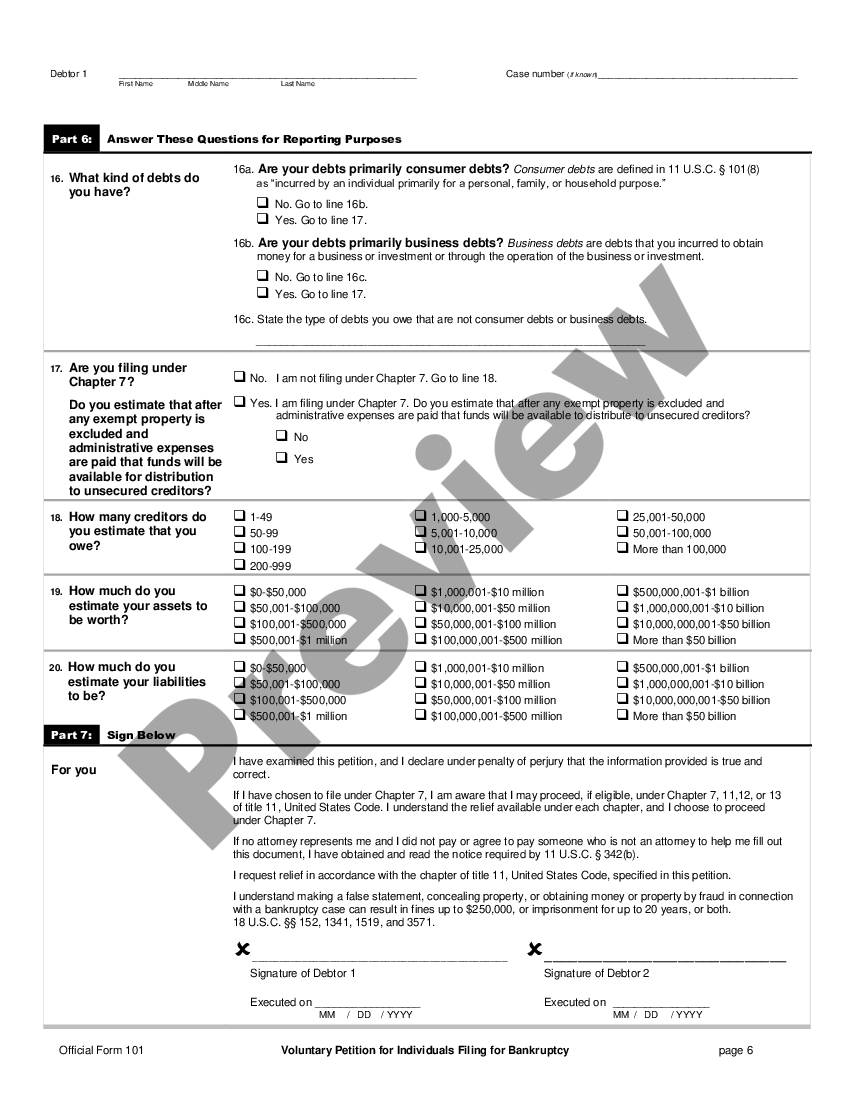 Voluntary Petition For Individuals Filing For Bankruptcy | US Legal Forms