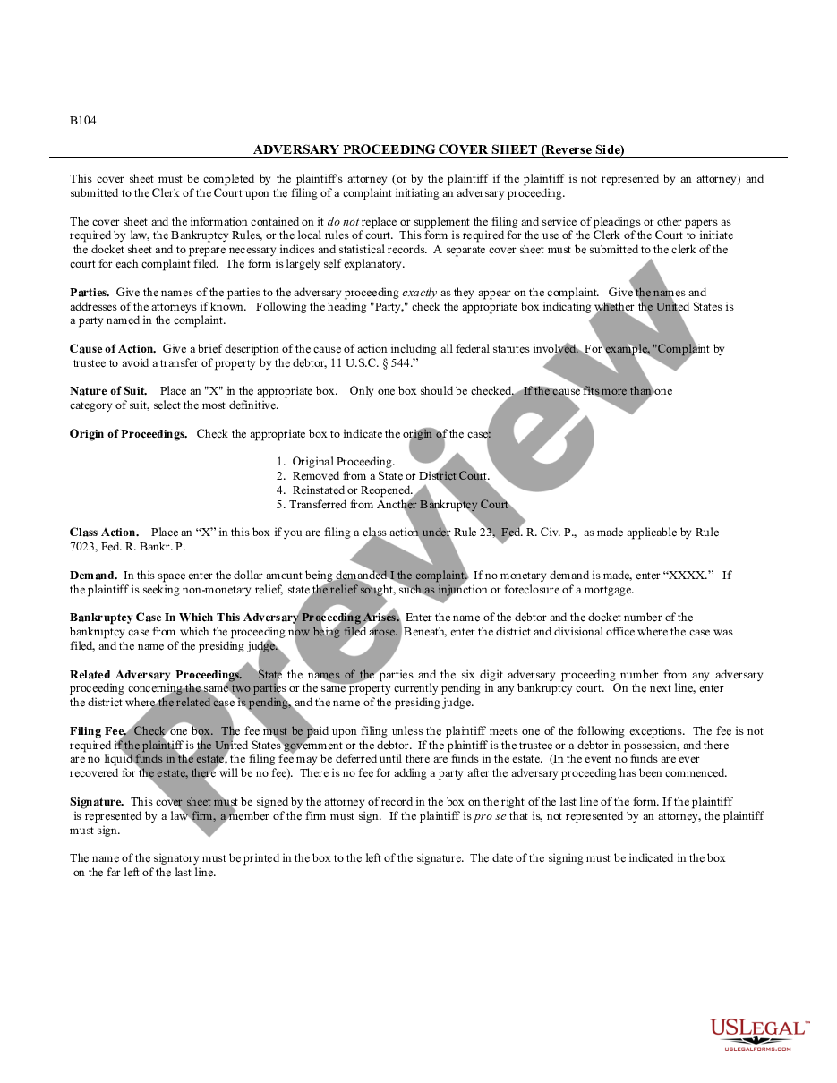 page 1 Adversary Proceeding Cover Sheet - B 104 preview