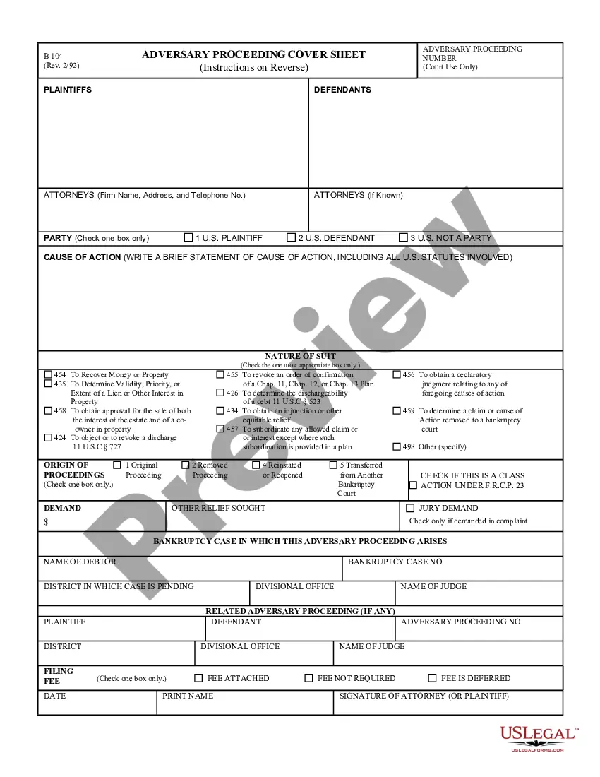 Arkansas Adversary Proceeding Cover Sheet - B 104 - Adversary ...