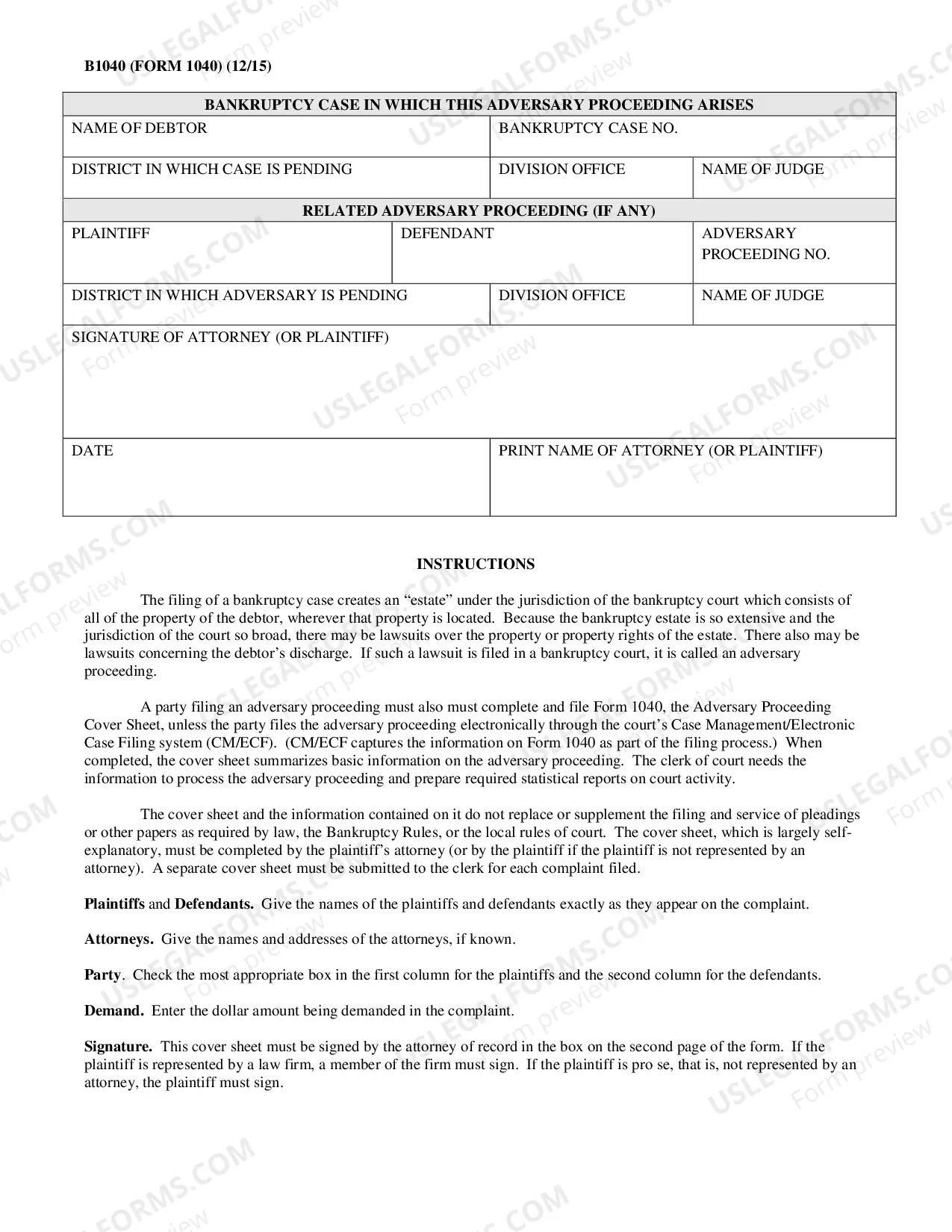 Preview Adversary Proceeding Cover Sheet