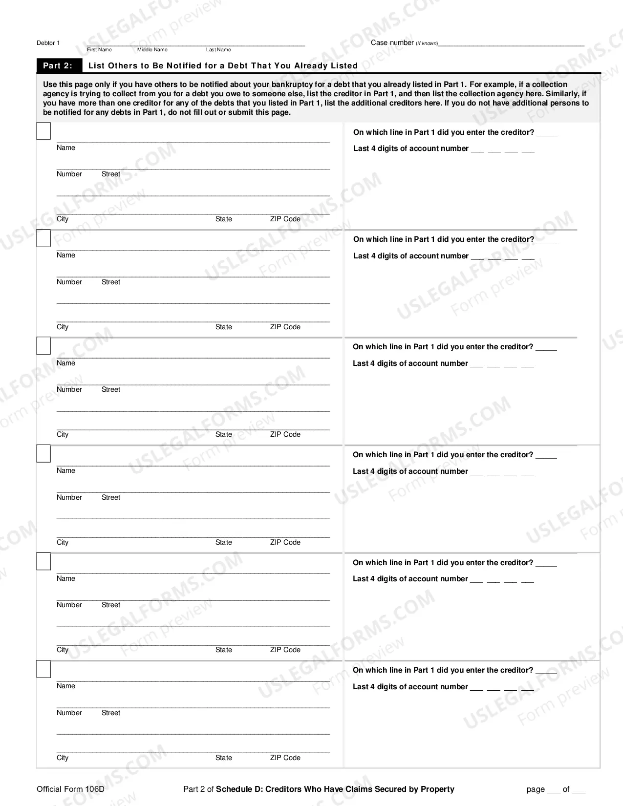 Preview Schedule D: Creditors Who Hold Claims Secured by Property (individuals)