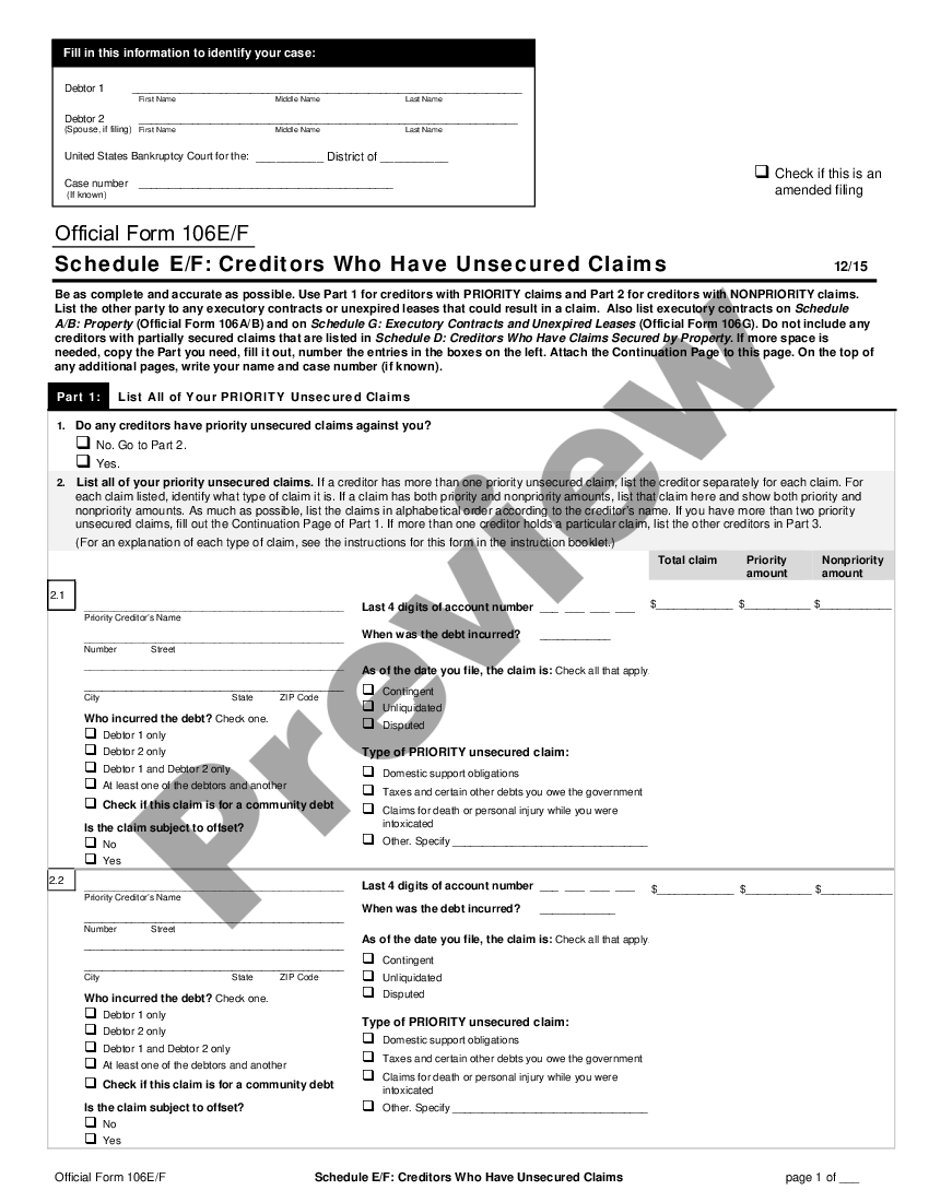 Schedule Ef Creditors Who Have Unsecured Claims Individuals Us Legal Forms 3370