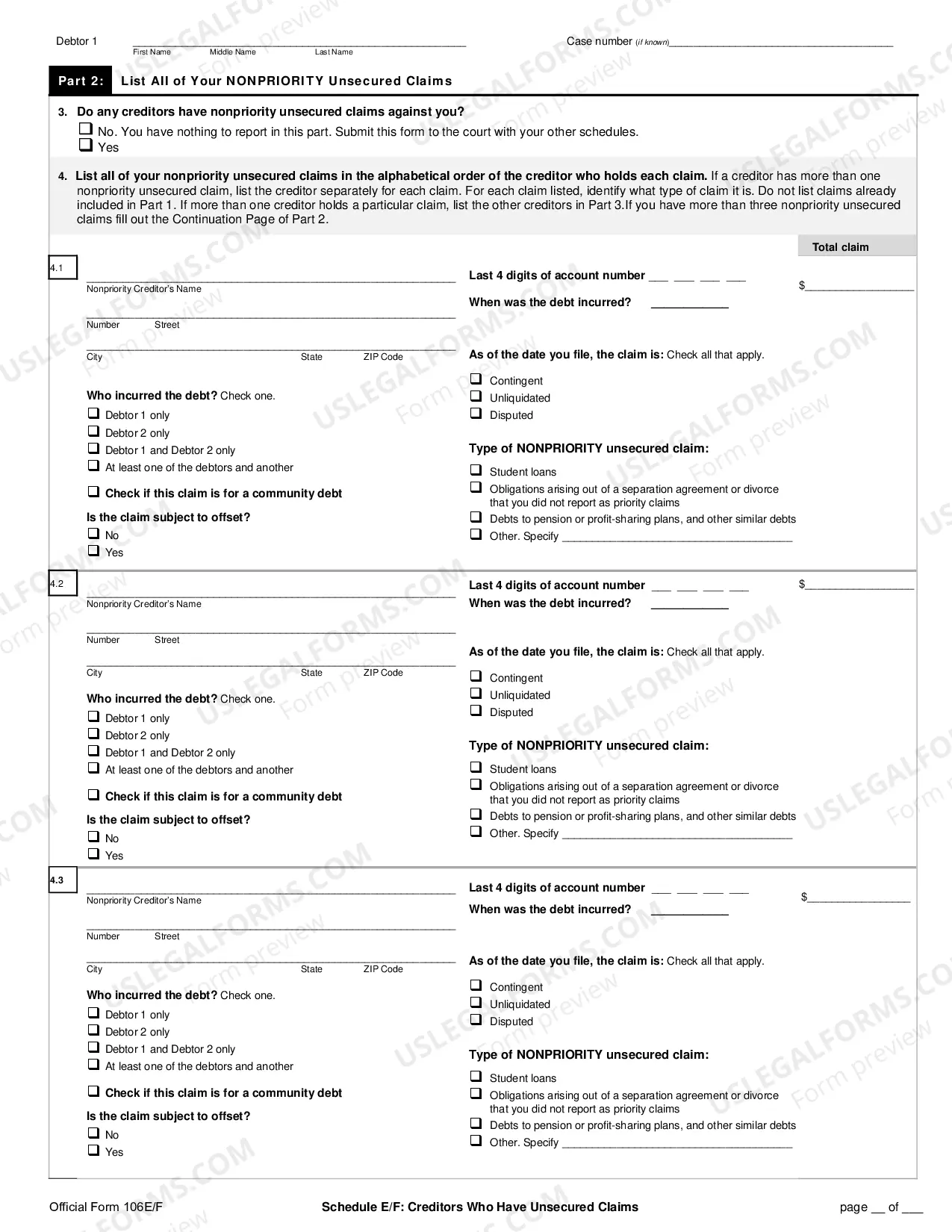 Preview Schedule E/F: Creditors Who Have Unsecured Claims (individuals)
