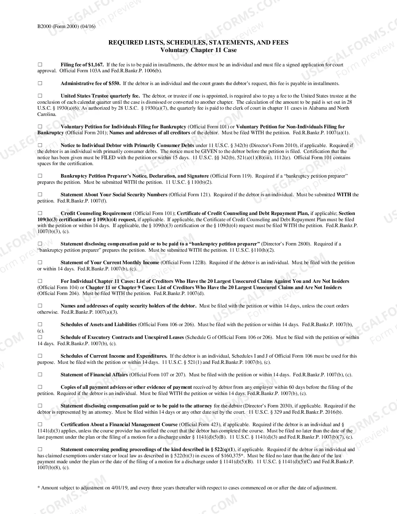 Preview Required Lists, Schedules, Statements, and Fees