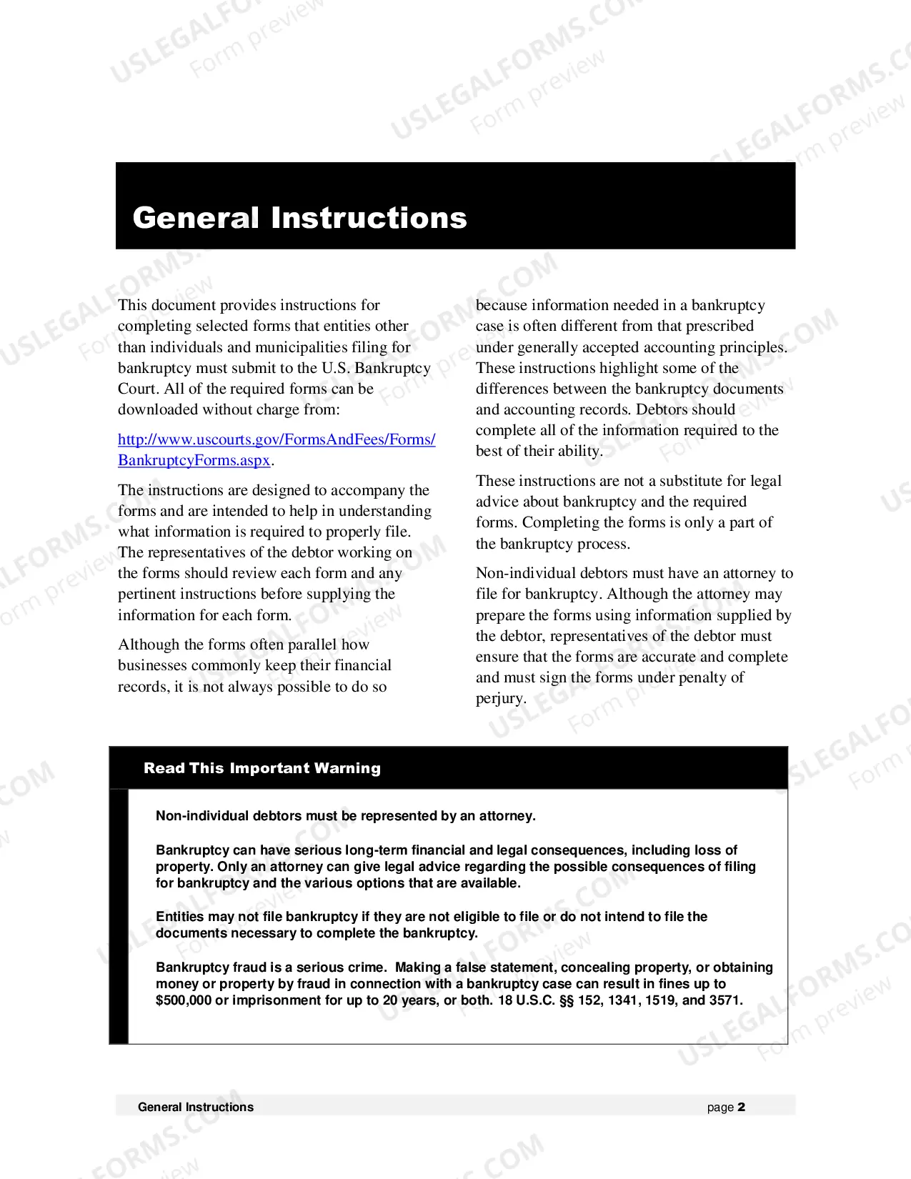Preview Instructions for Voluntary Petition for Non-Individuals Filing for Bankruptcy