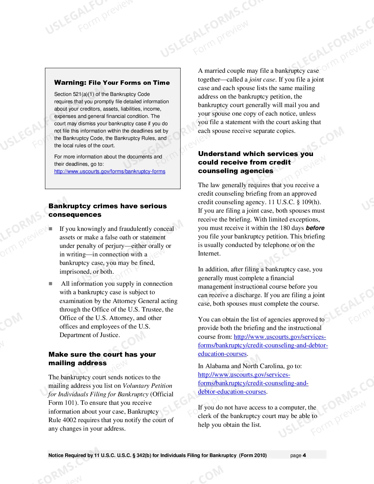 Preview Notice Required by 11 U.S.C. Sec. 342(b) for Individuals Filing for Bankruptcy