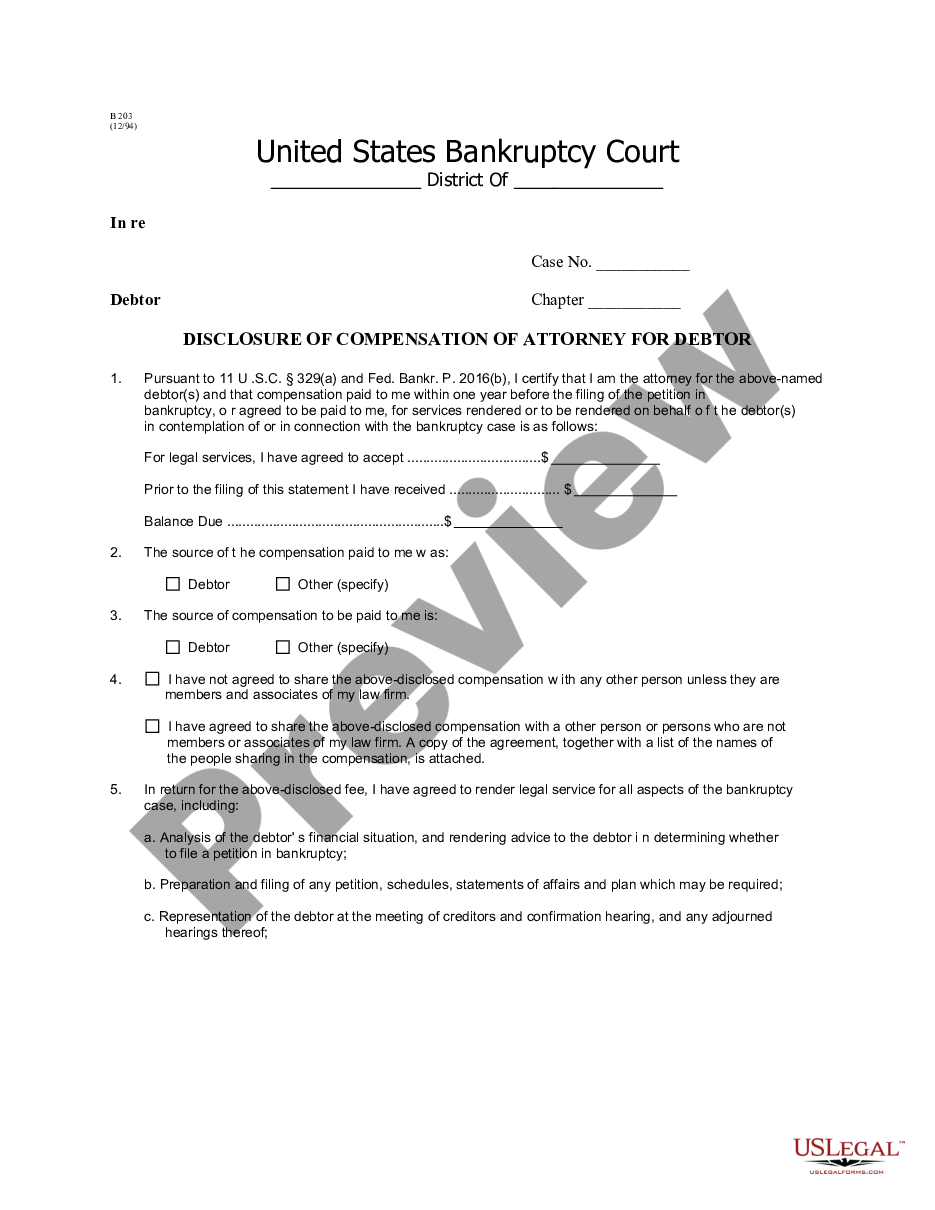 form Disclosure of Compensation of Attorney for Debtor - B 203 preview