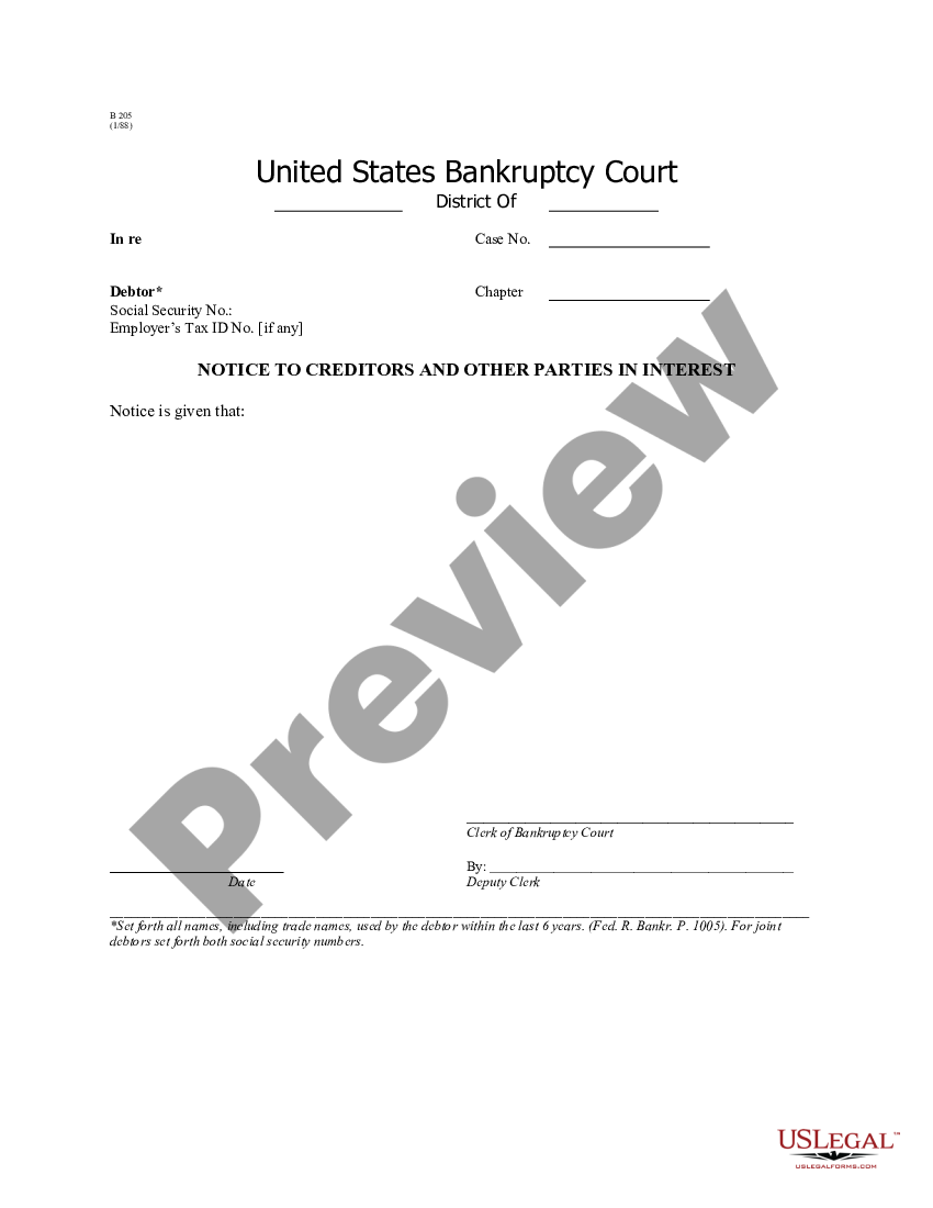form Notice to Creditors and Other Parties in Interest - B 205 preview