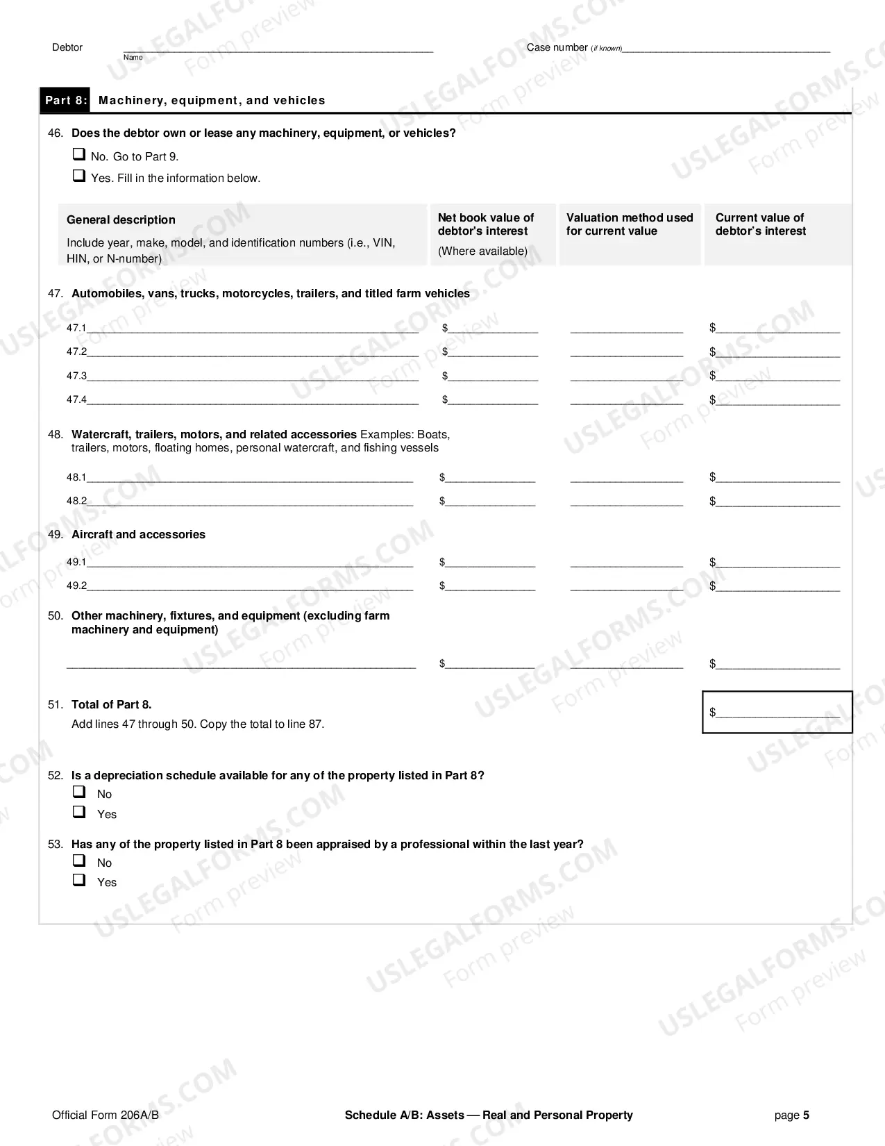 Preview Schedule A/B: Property (non-individuals)