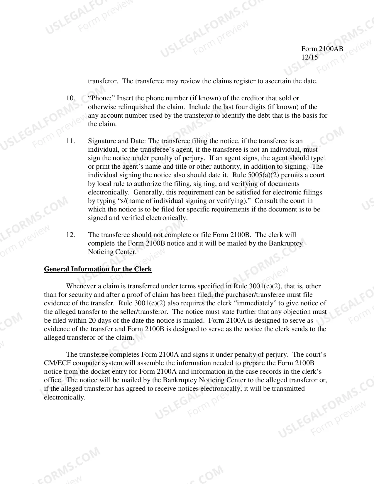 Preview Instructions for Transfer of Claim Other Than For Security