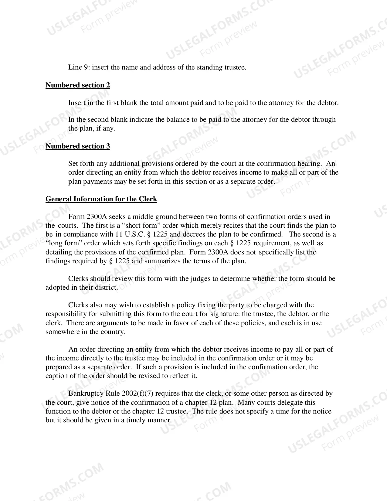 Preview Instructions for Order Confirming Chapter 12 Plan