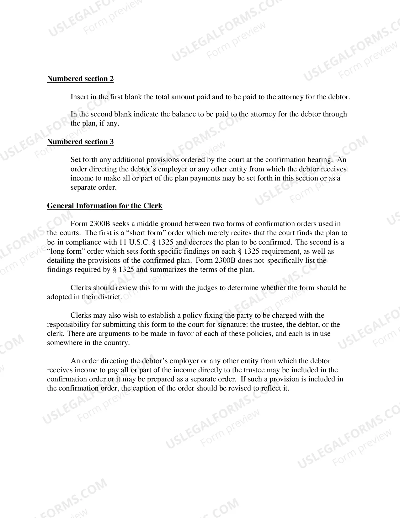Preview Instructions for Order Confirming Chapter 13 Plan