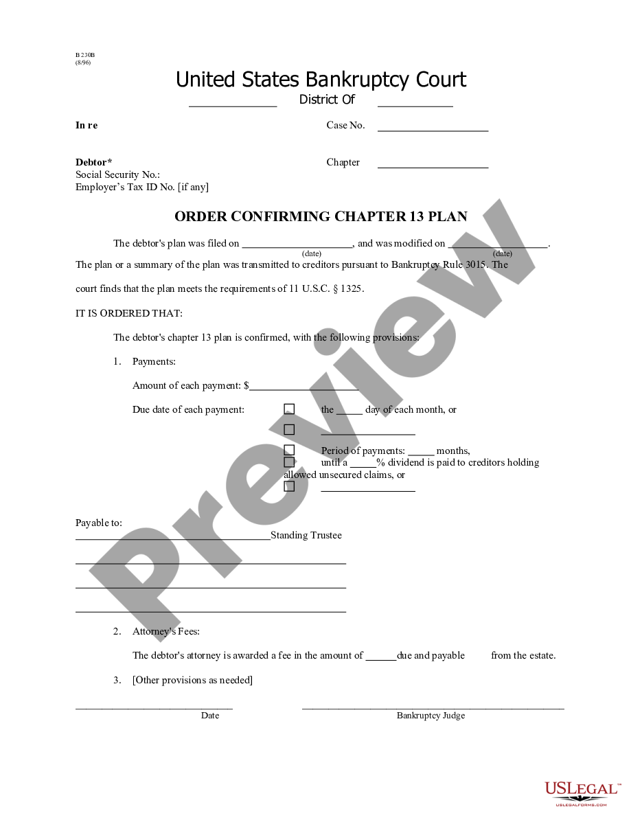 form Order Confirming Chapter 13 Plan - B 230B preview