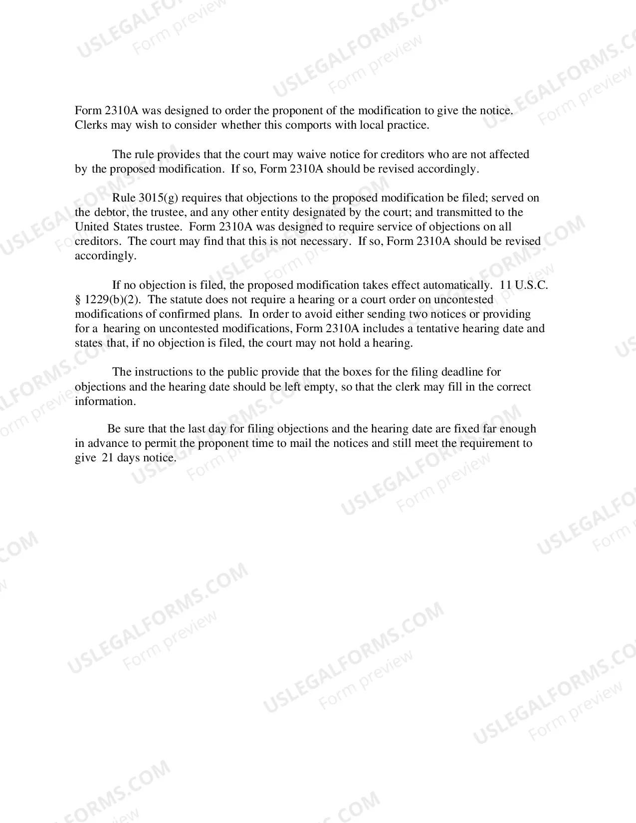Preview Instructions for Order Fixing Time to Object to Proposed Modfication of Confirmed Chapter 12 Plan