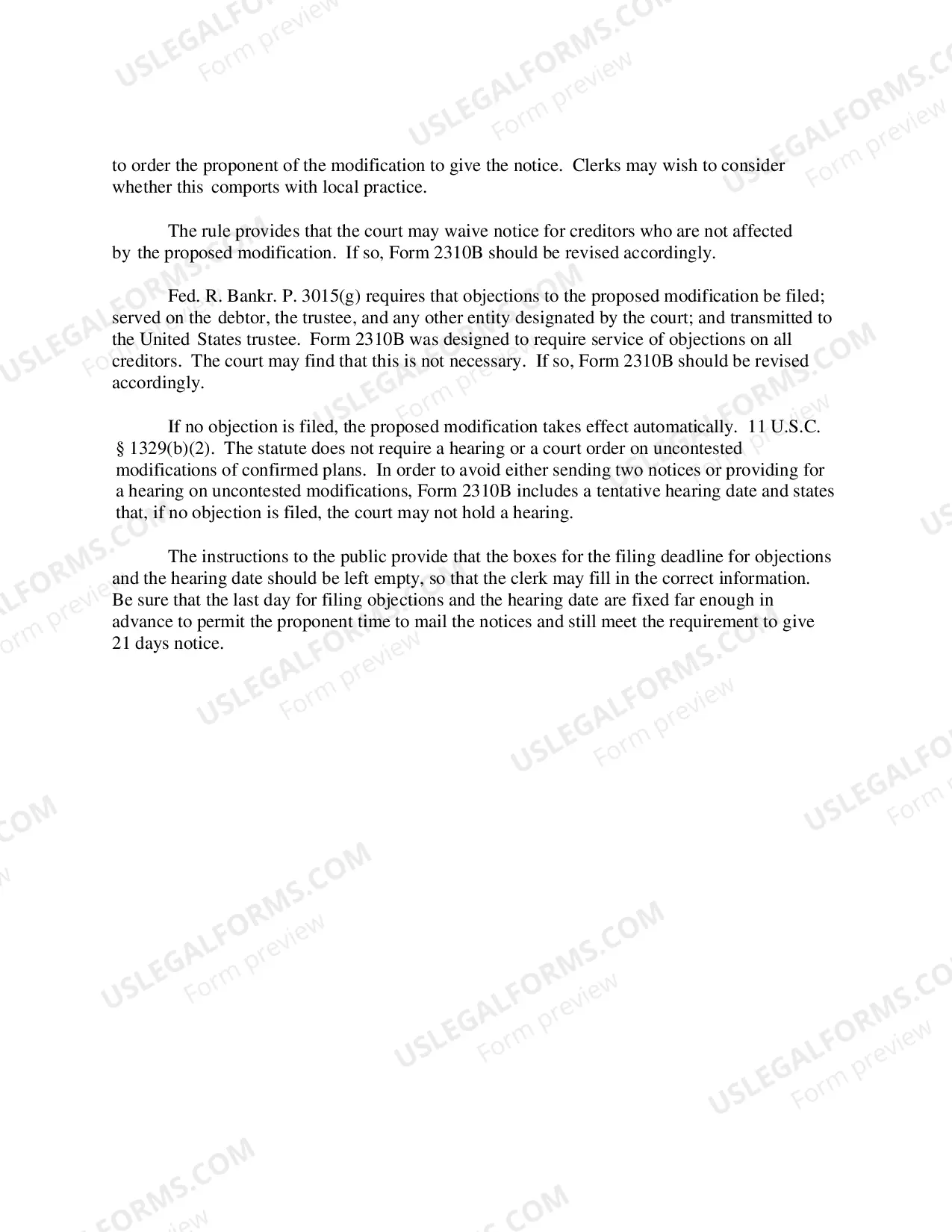 Preview Instructions for Order Fixing Time to Object to Proposed Modification of Confirmed Chapter 13 Plan
