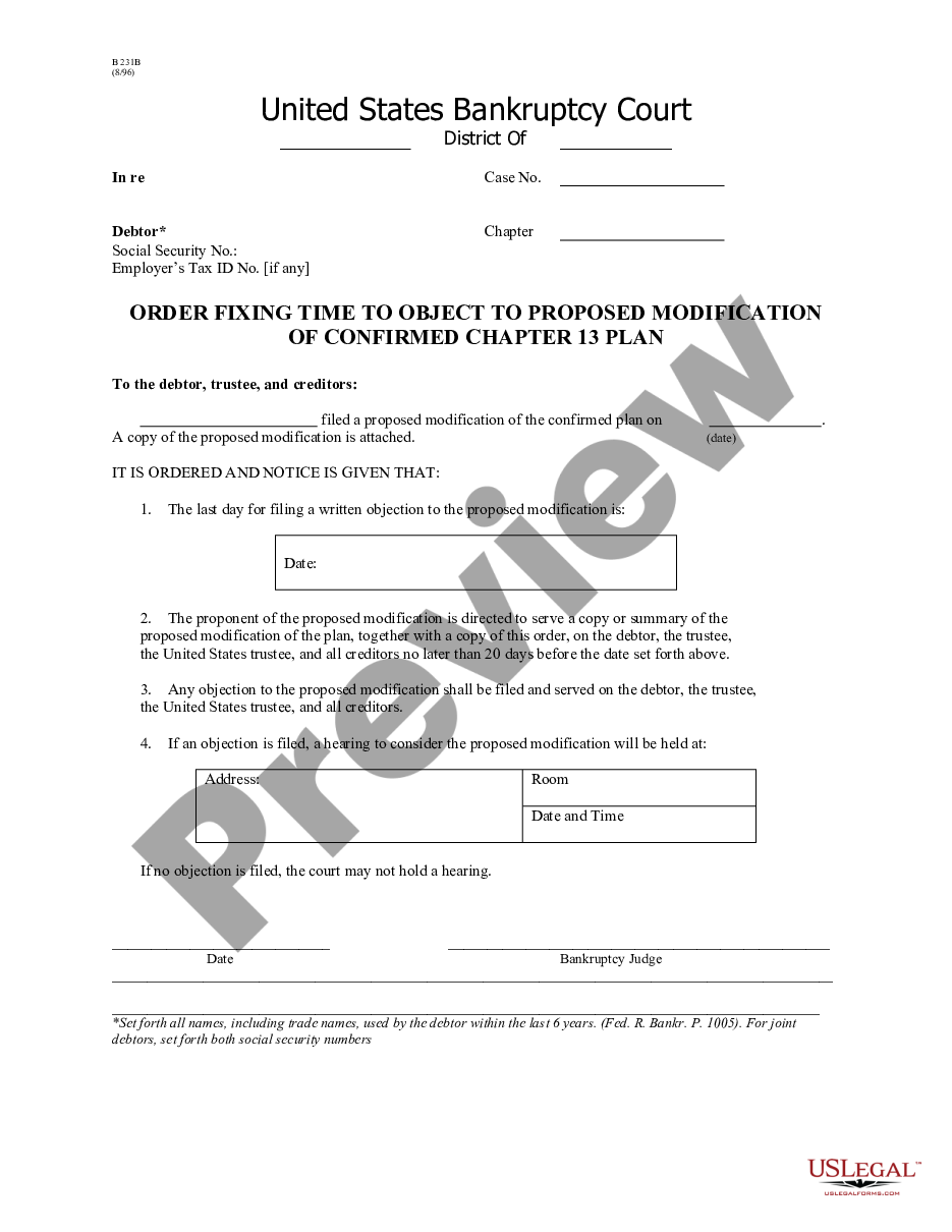 form Order Fixing Time to Object to Proposed Modification of Confirmed Chapter 13 Plan - B 231B preview