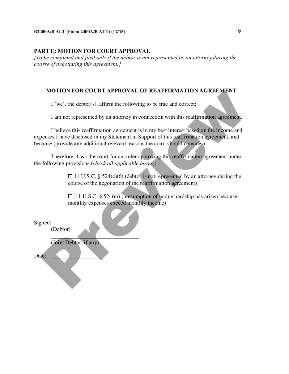 form Reaffirmation Agreement, Motion and Order preview