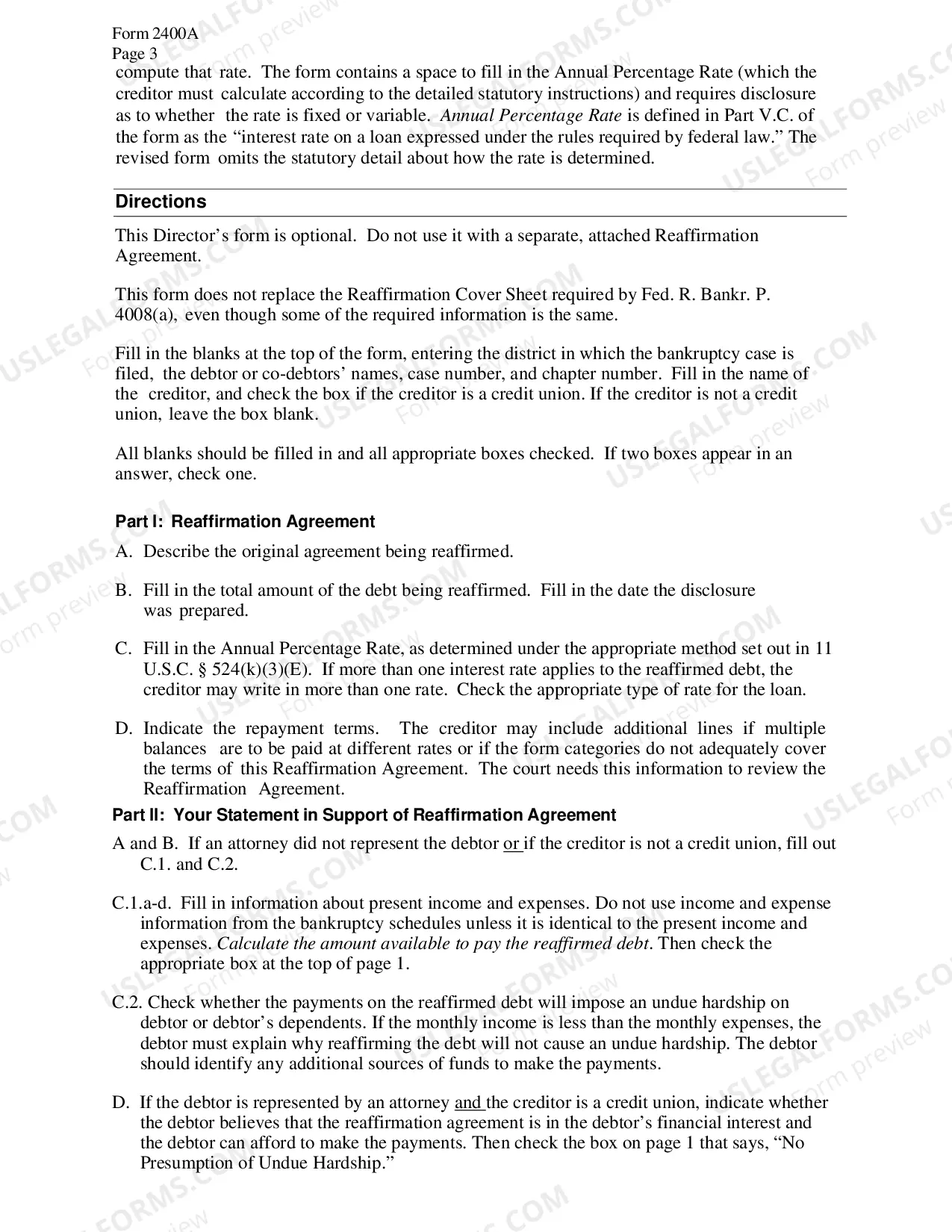 Preview Instructions for Reaffirmation Documents