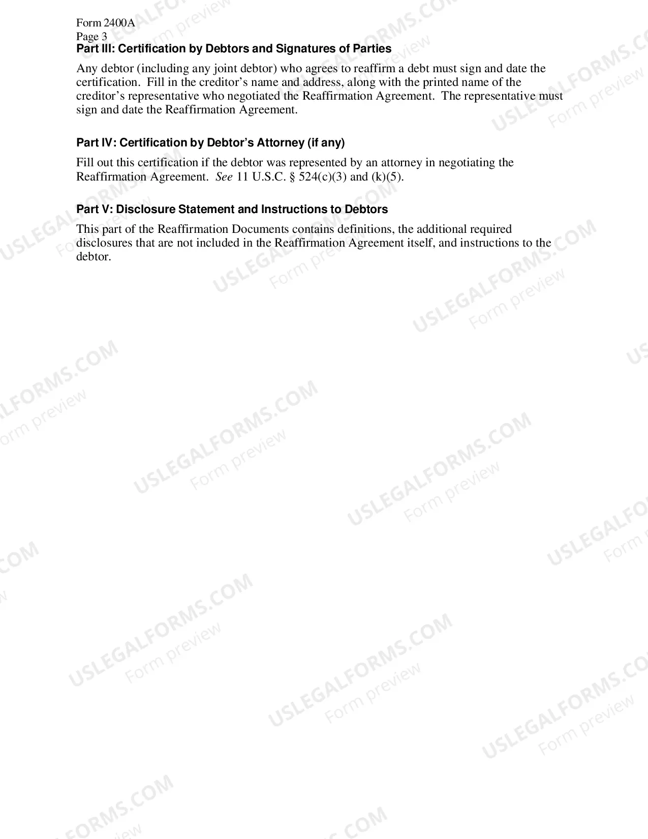 Preview Instructions for Reaffirmation Documents