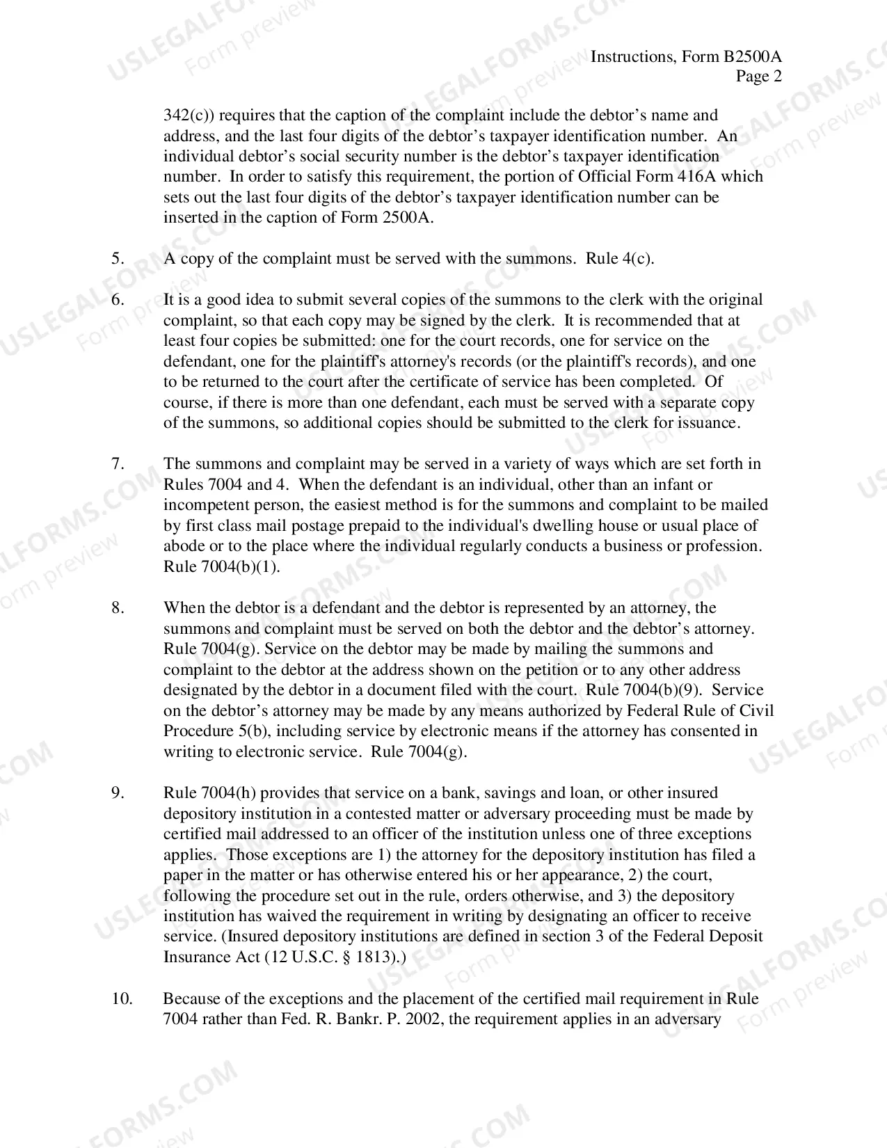 Preview Instructions for Summons in an Adversary Proceeding