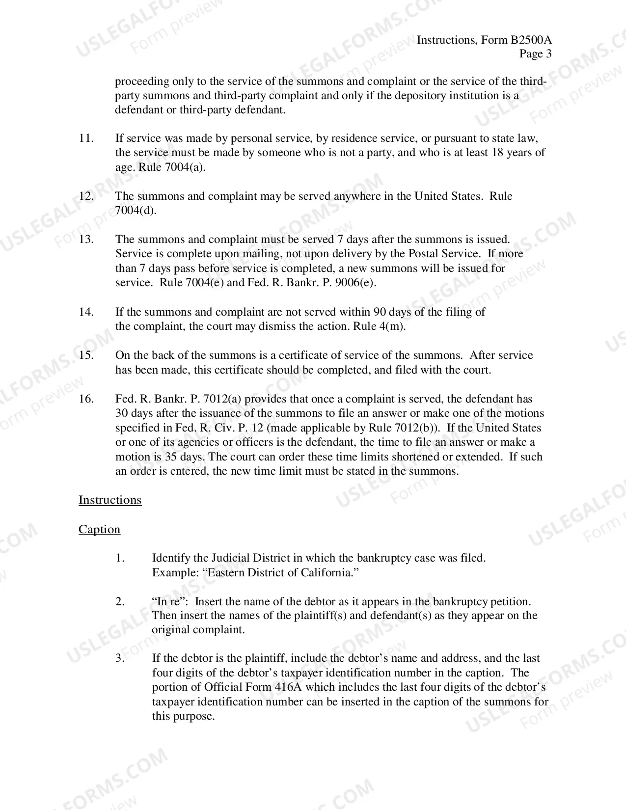 Preview Instructions for Summons in an Adversary Proceeding