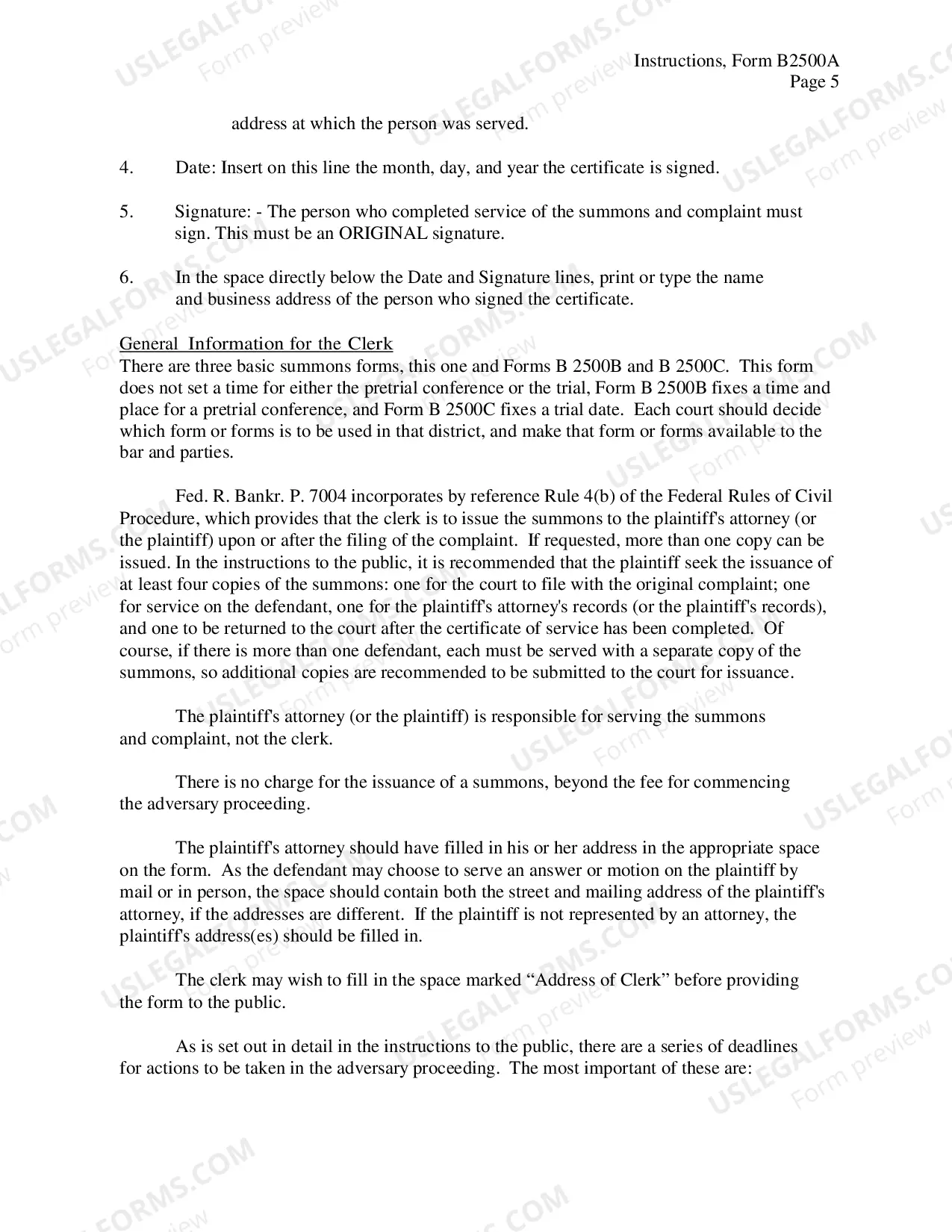 Preview Instructions for Summons in an Adversary Proceeding