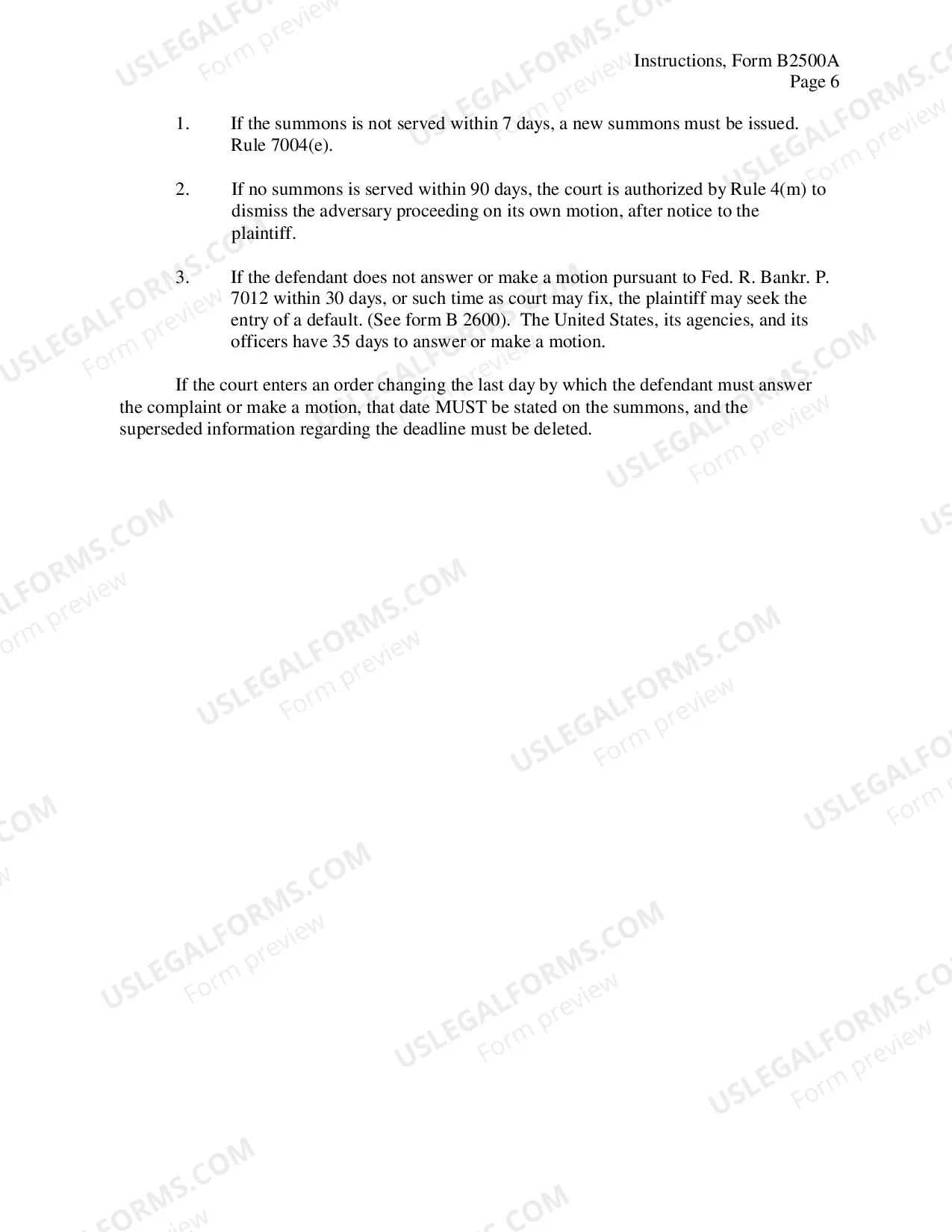 Preview Instructions for Summons in an Adversary Proceeding