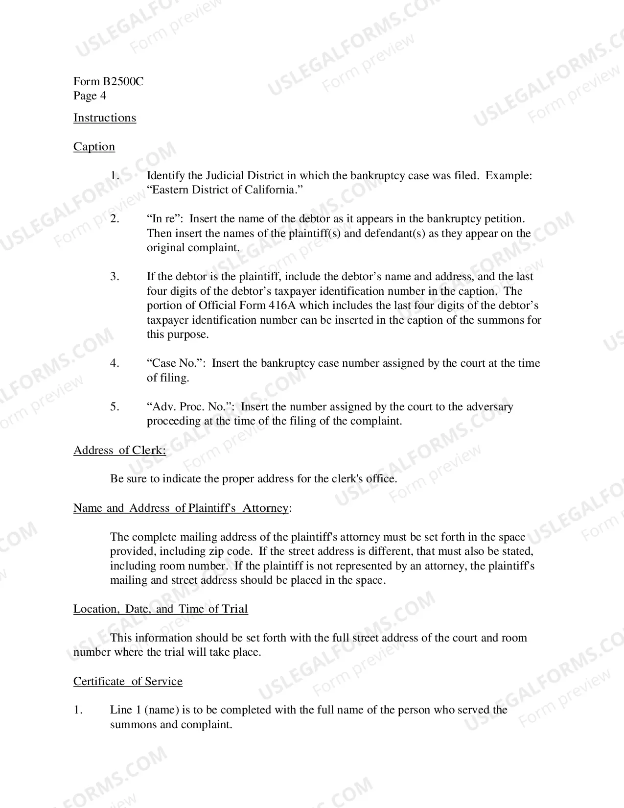 Preview Instructions for Summons and Notice of Trial in an Adversary Proceeding