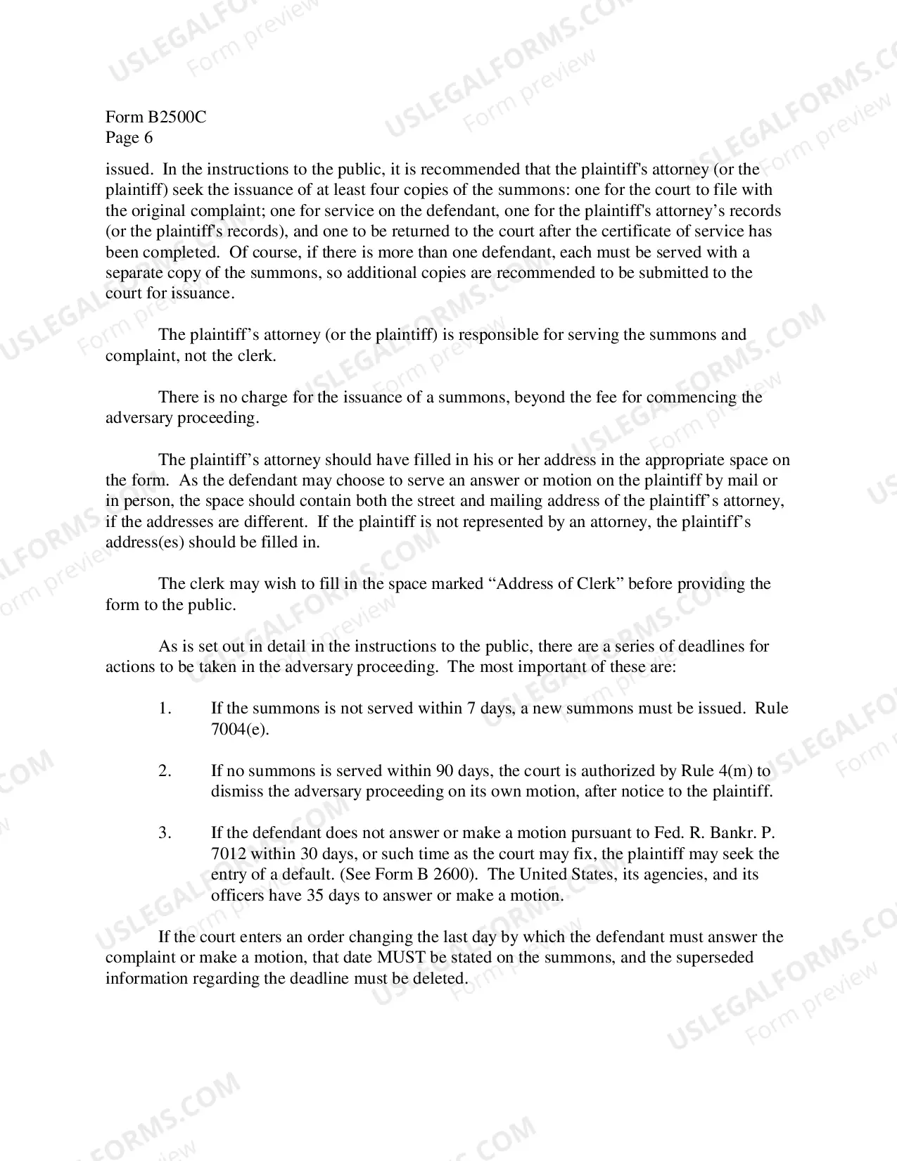 Preview Instructions for Summons and Notice of Trial in an Adversary Proceeding