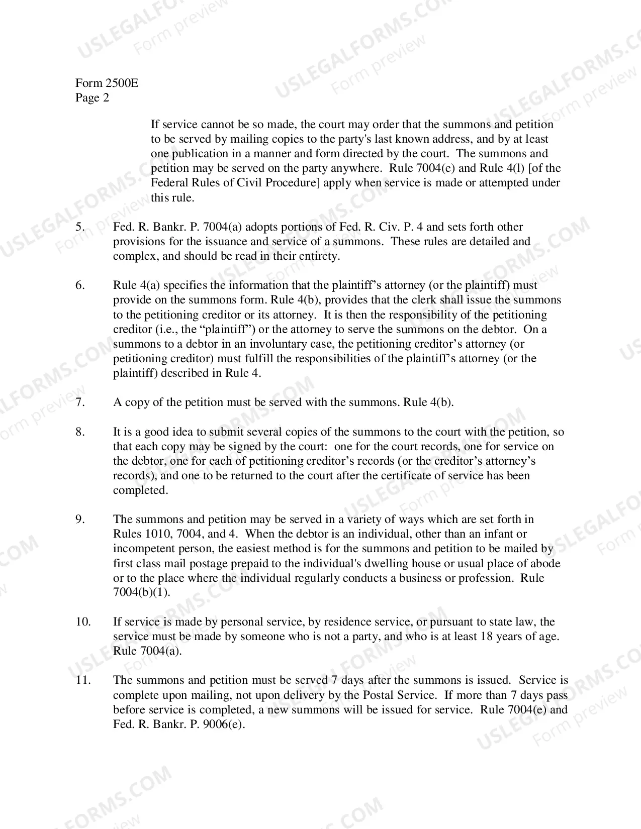 Preview Instructions for Summons to Debtor in Involuntary Case