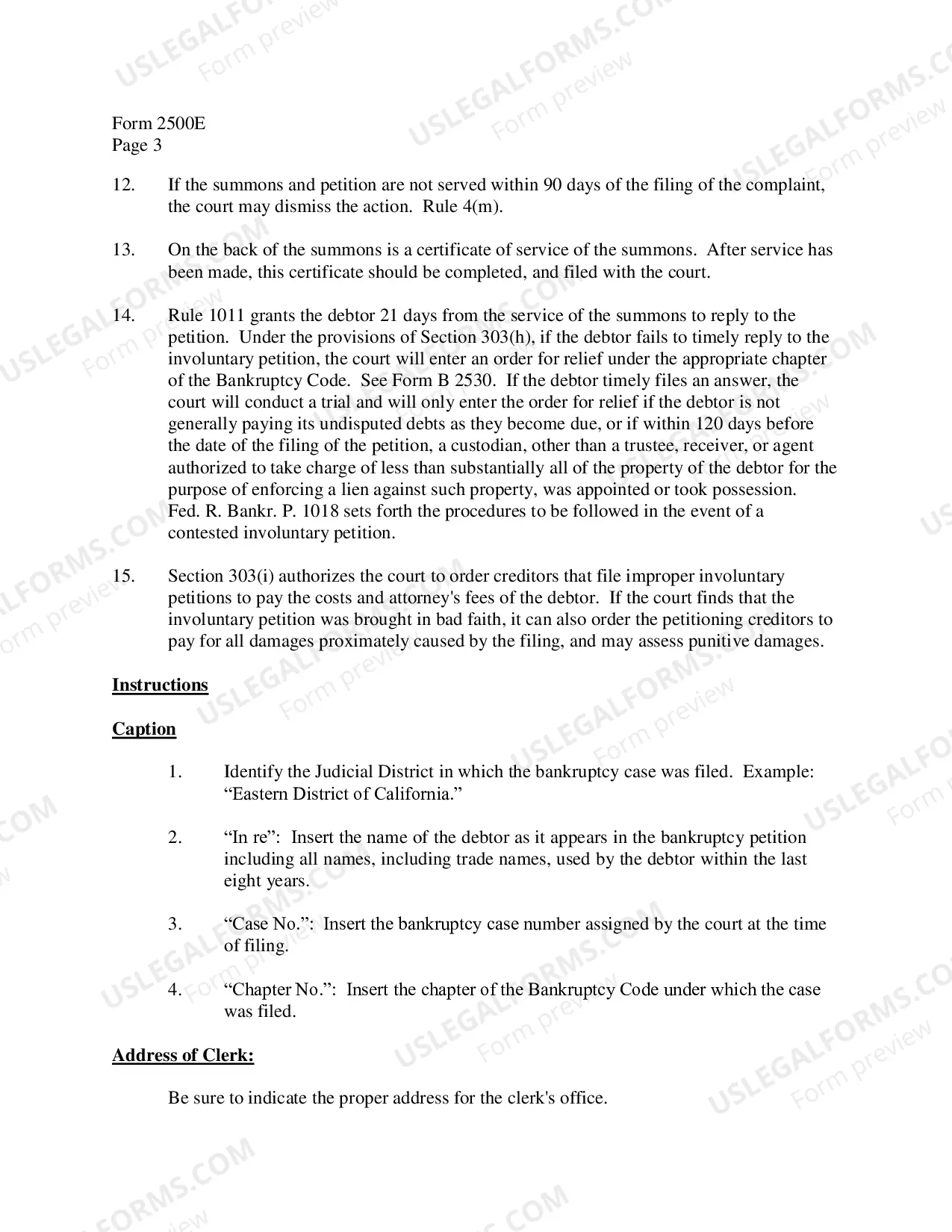 Preview Instructions for Summons to Debtor in Involuntary Case