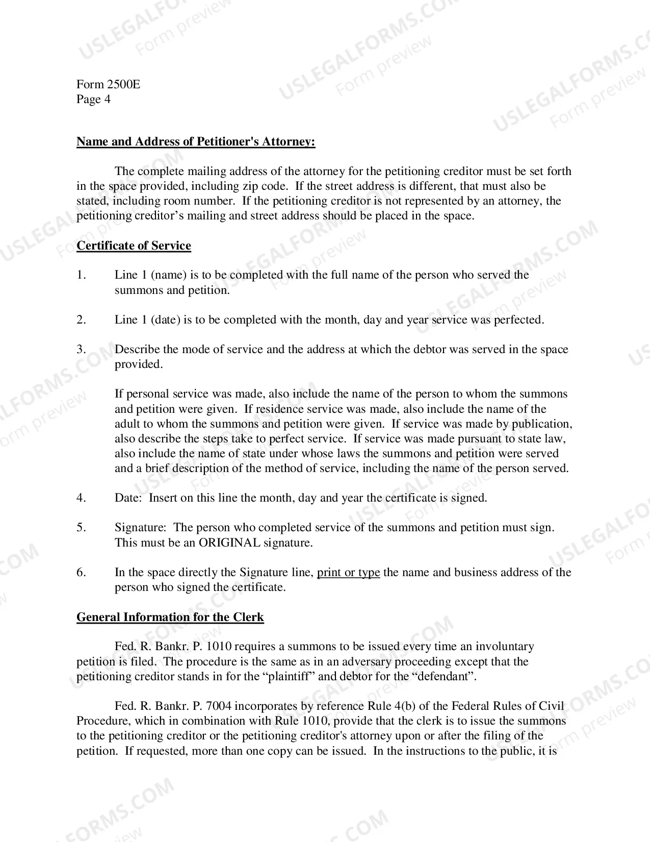 Preview Instructions for Summons to Debtor in Involuntary Case