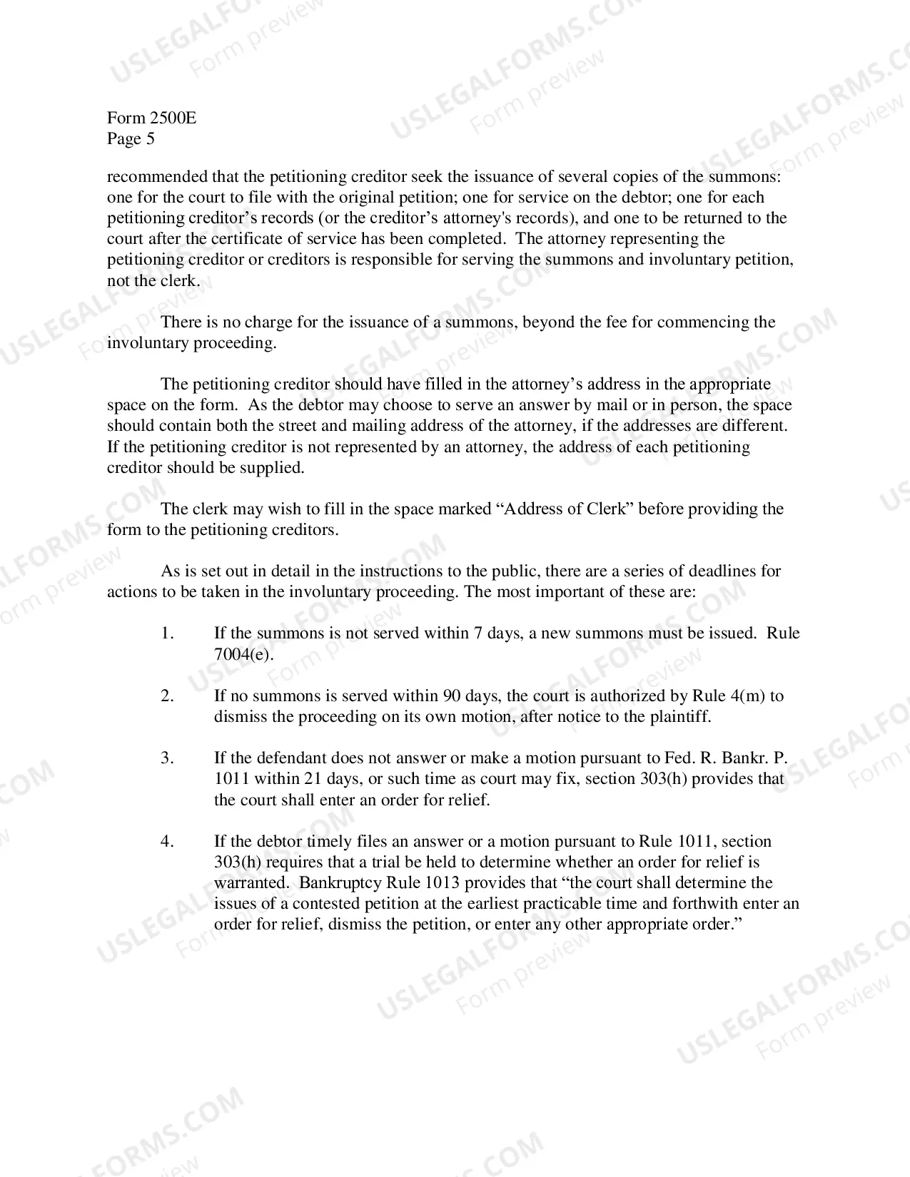 Preview Instructions for Summons to Debtor in Involuntary Case
