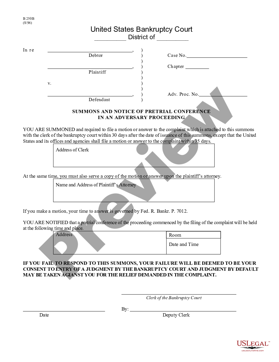 page 0 Summons and Notice of Pretrial Conference in Adversary Proceeding - B 250B preview