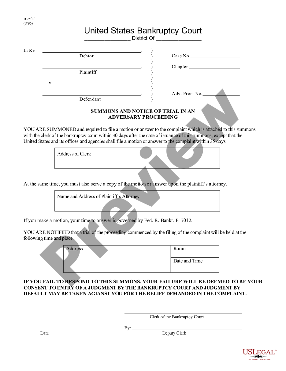 form Summons and Notice of Trial in an Adversary Proceeding 0B 250C preview