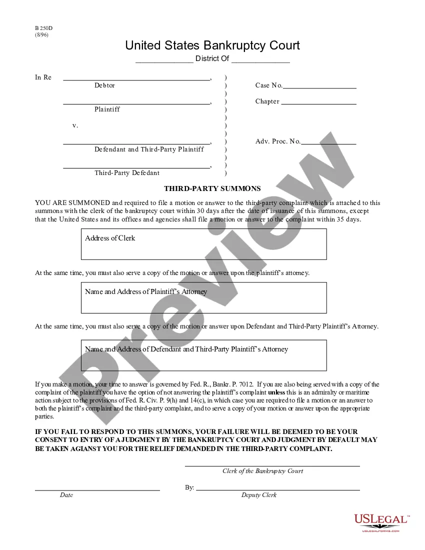 Vermont Third-Party Summons - B 250D - Summons Form Court | US Legal Forms