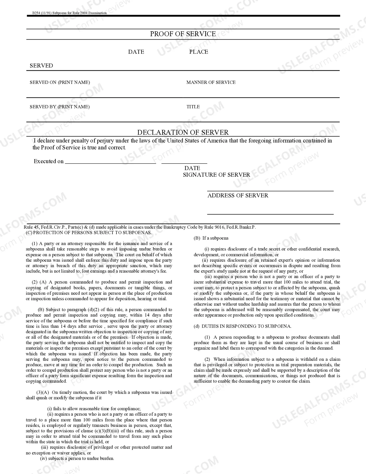 Preview Subpoena for Rule 2004 Examination - B 254
