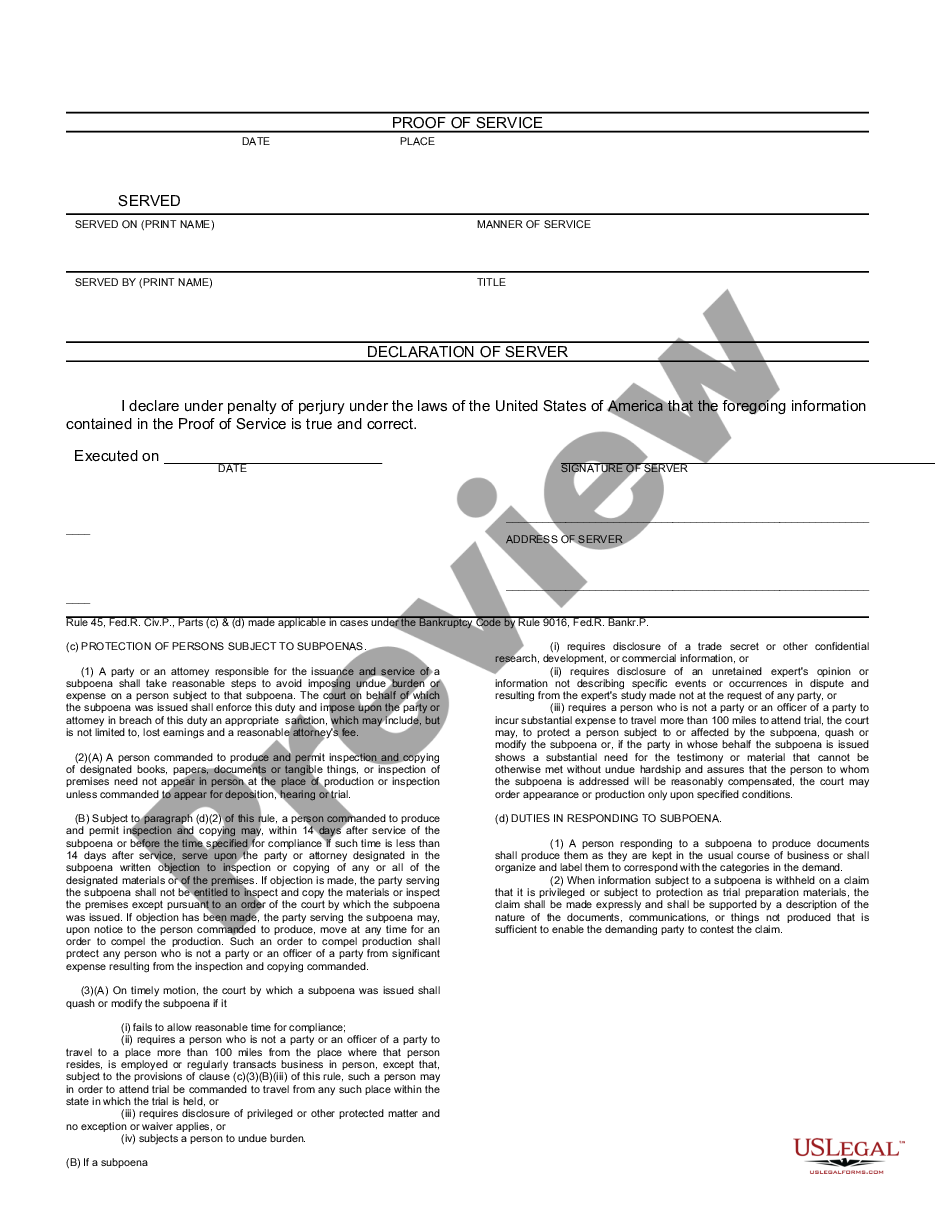 form Subpoena in a Case Under the Bankruptcy Code - B 256 preview